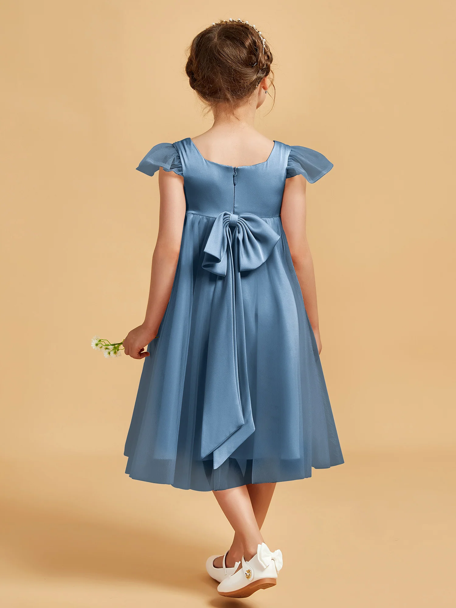 Square Neck Girl's Dress With Flutter Sleeves Slate Blue - Image 2