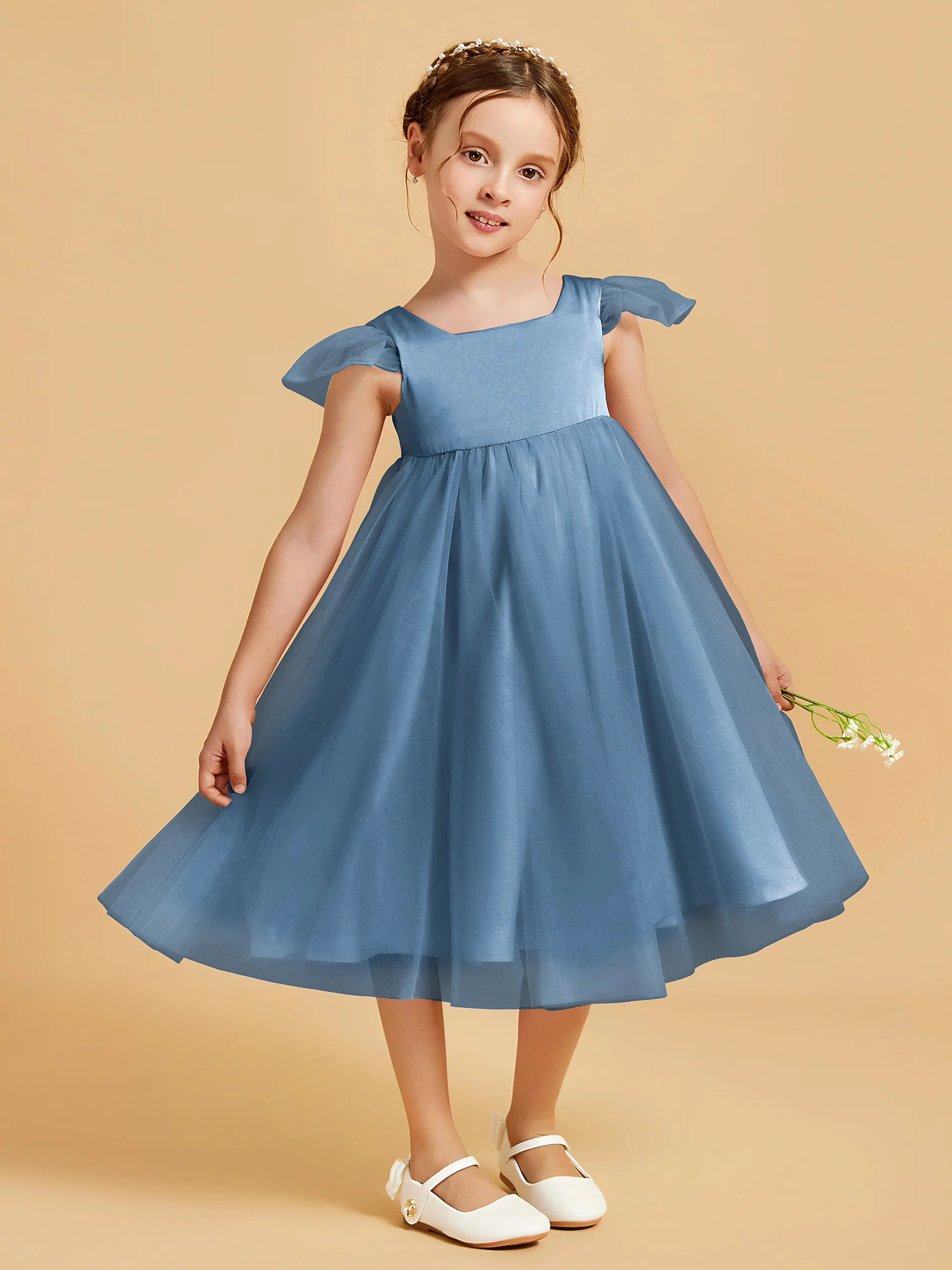 Square Neck Girl's Dress With Flutter Sleeves Slate Blue - Image 3
