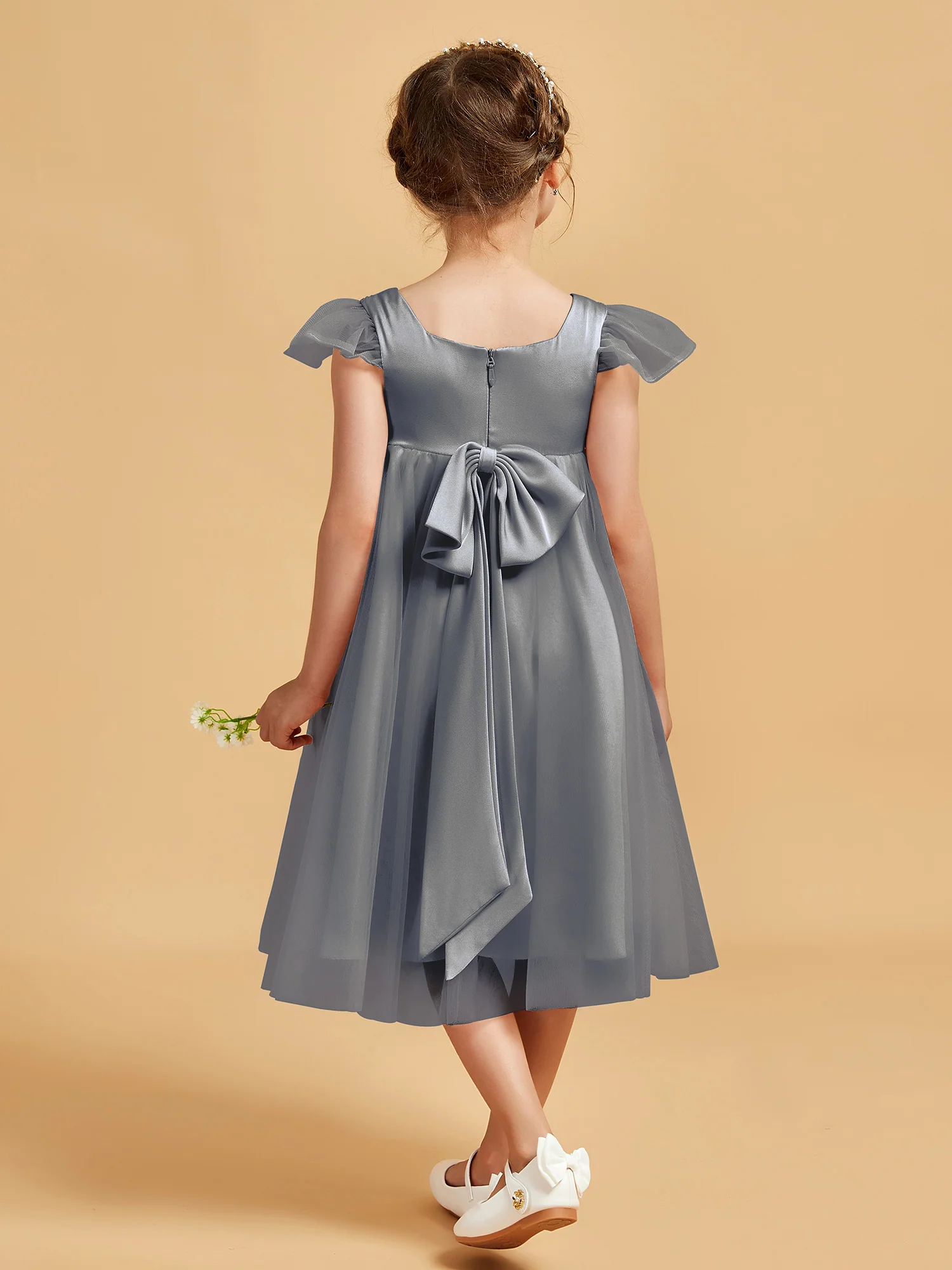 Square Neck Girl's Dress With Flutter Sleeves Steel Grey - Image 2