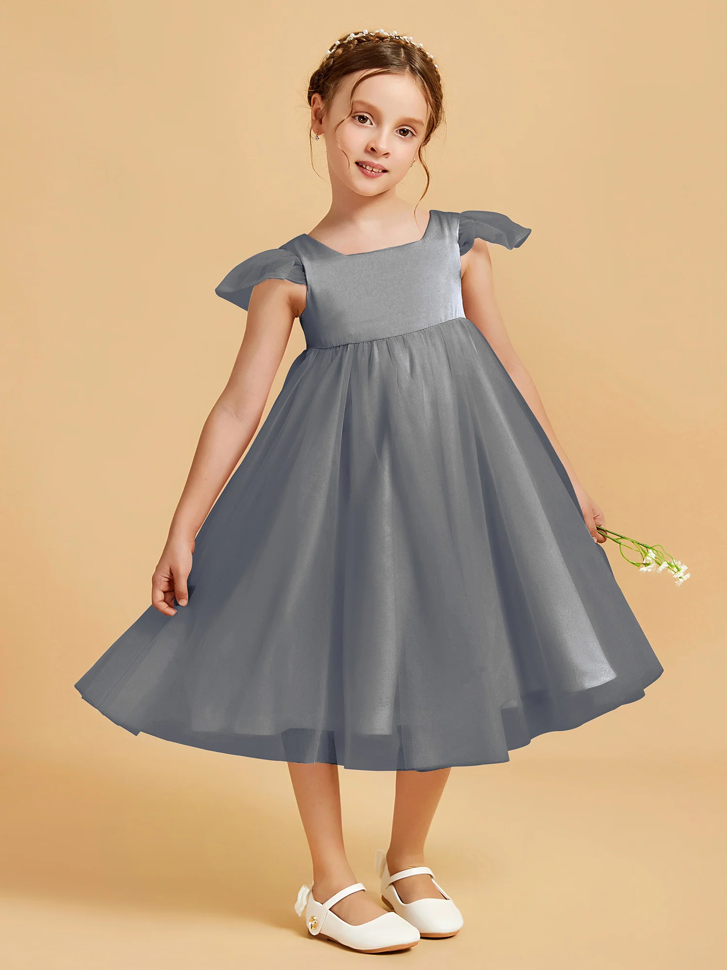 Square Neck Girl's Dress With Flutter Sleeves Steel Grey - Image 3