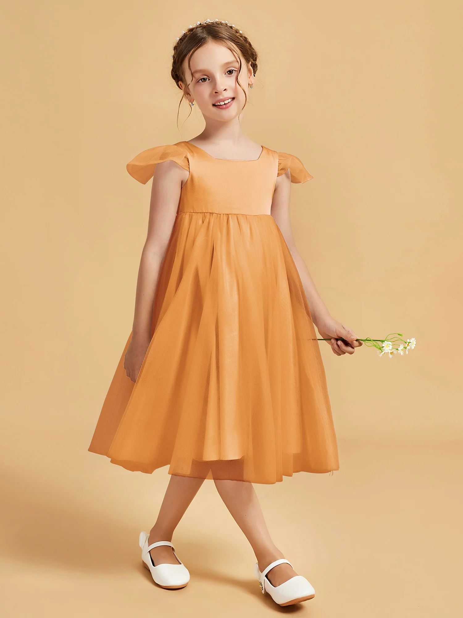 Square Neck Girl's Dress With Flutter Sleeves Tangerine