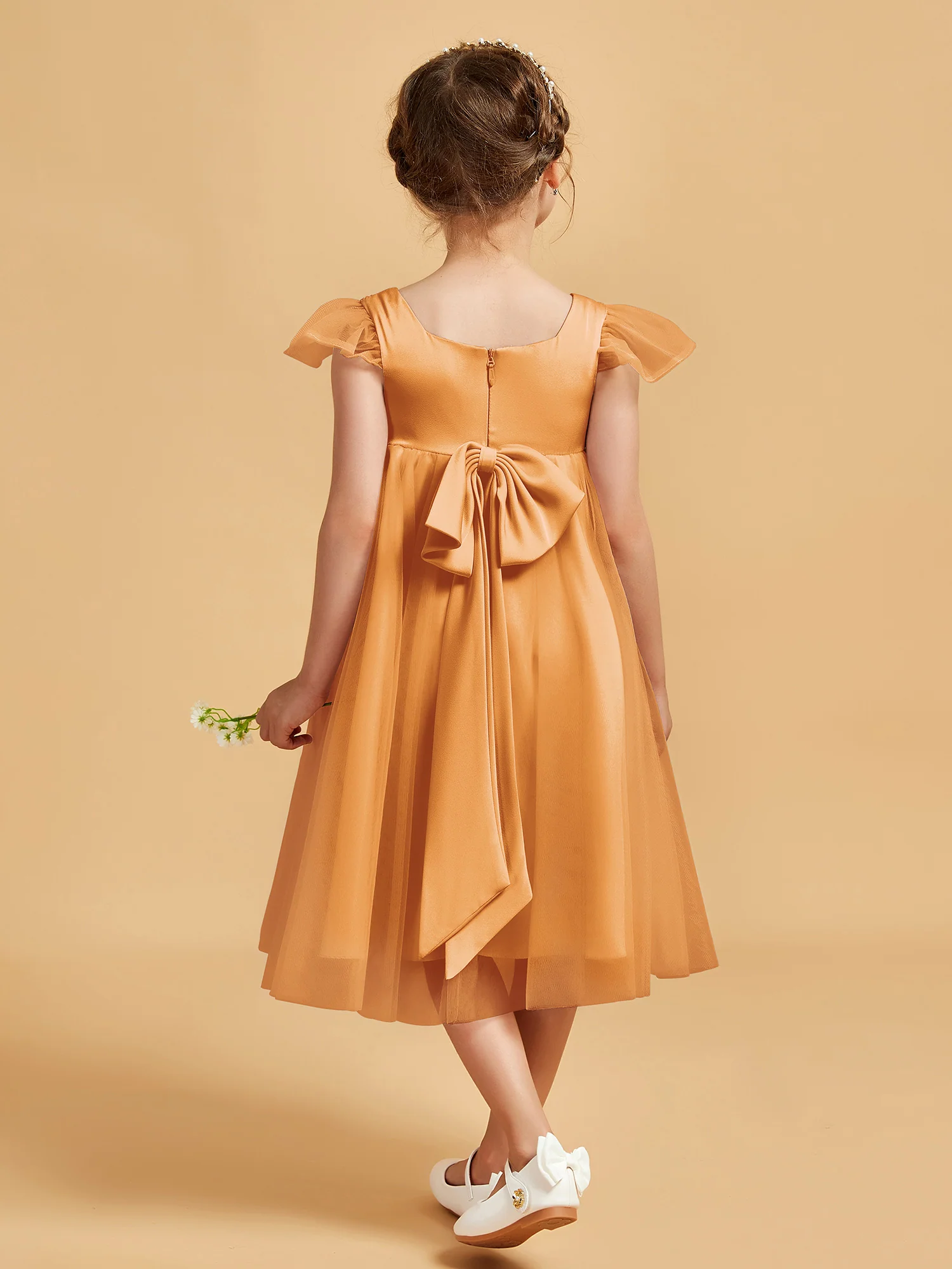 Square Neck Girl's Dress With Flutter Sleeves Tangerine - Image 2