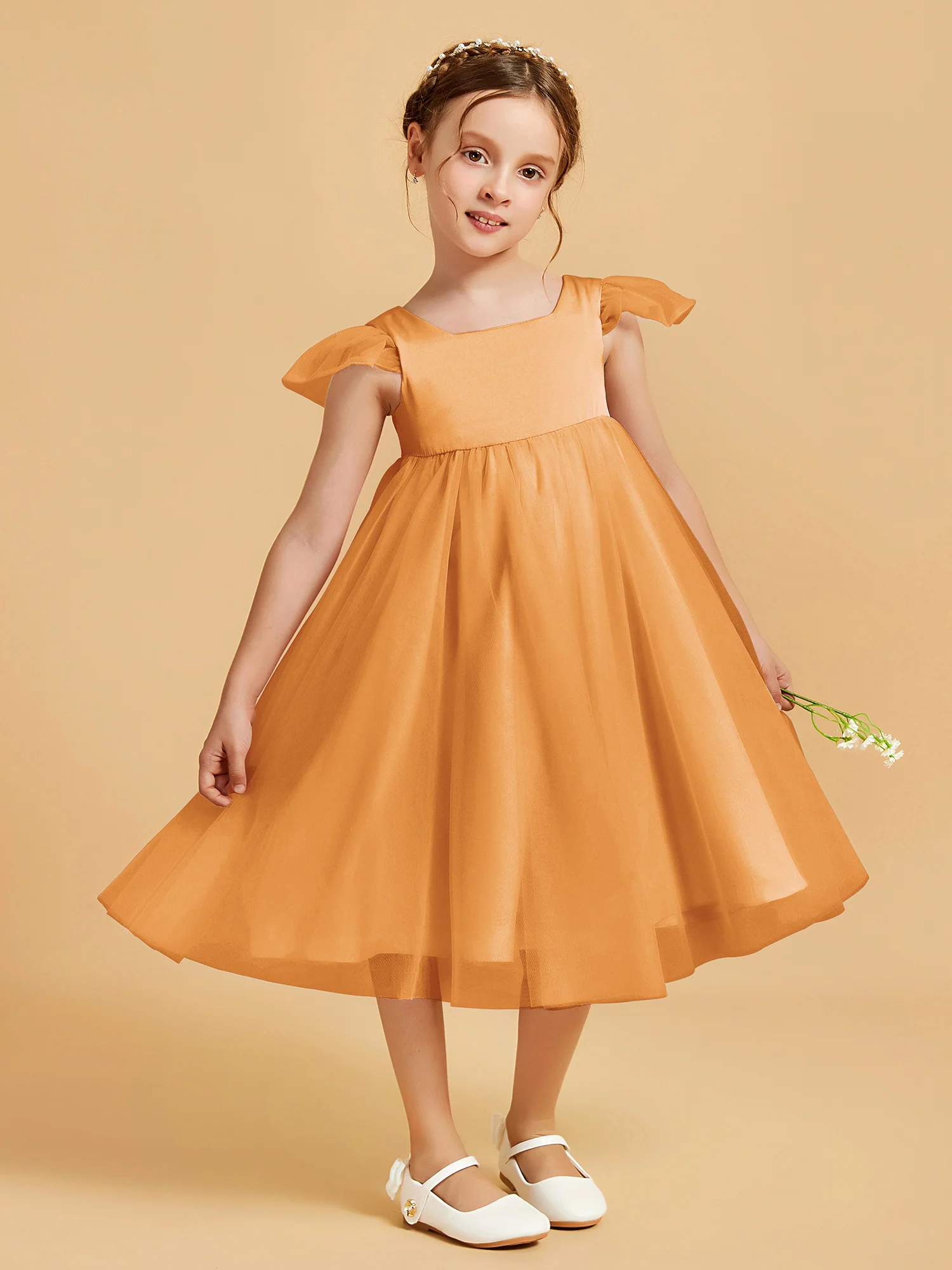 Square Neck Girl's Dress With Flutter Sleeves Tangerine - Image 3