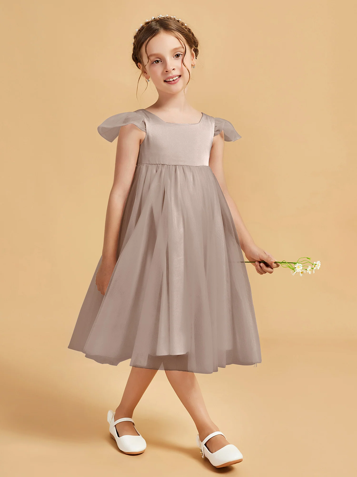 Square Neck Girl's Dress With Flutter Sleeves Taupe