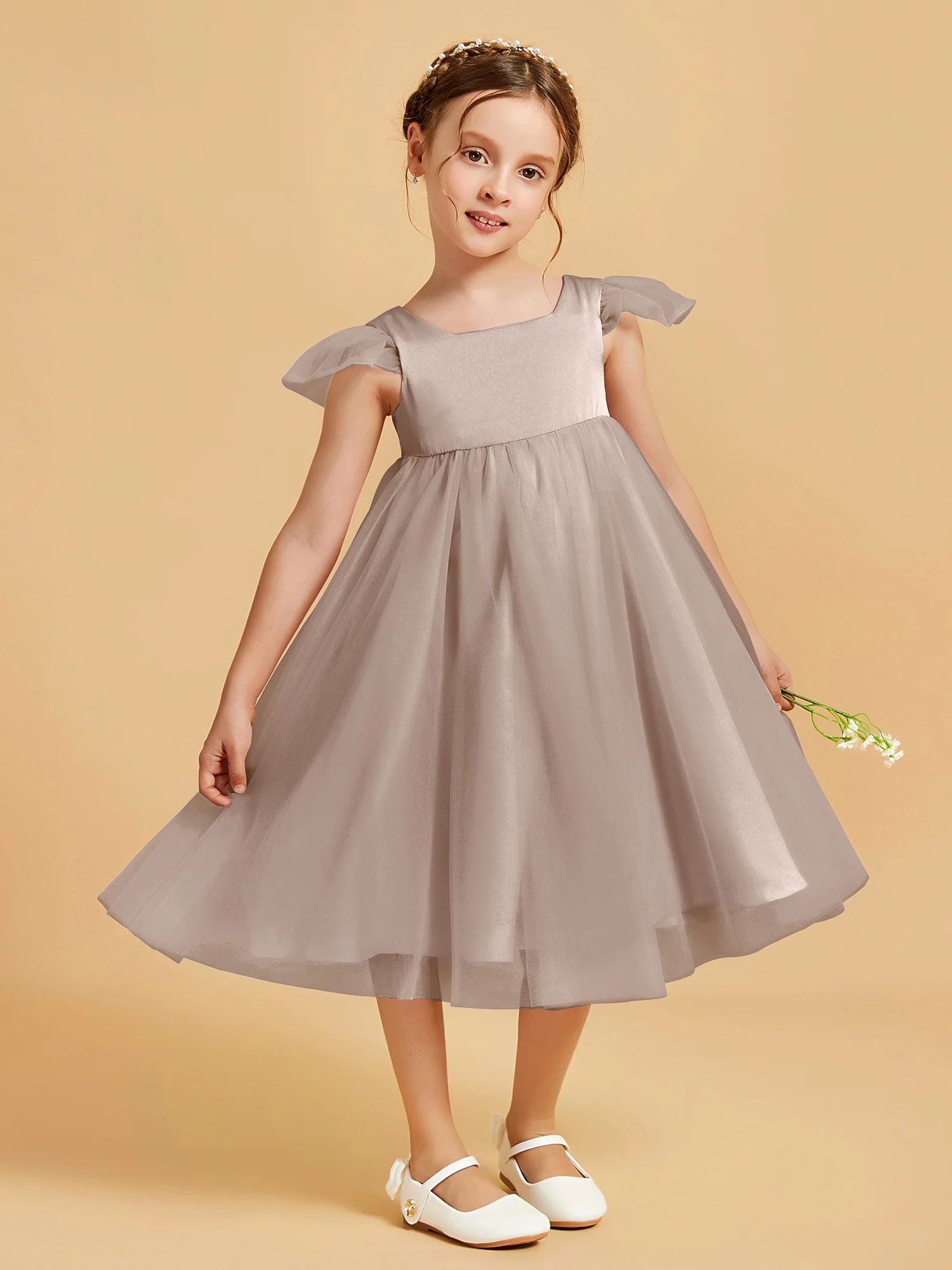 Square Neck Girl's Dress With Flutter Sleeves Taupe - Image 3