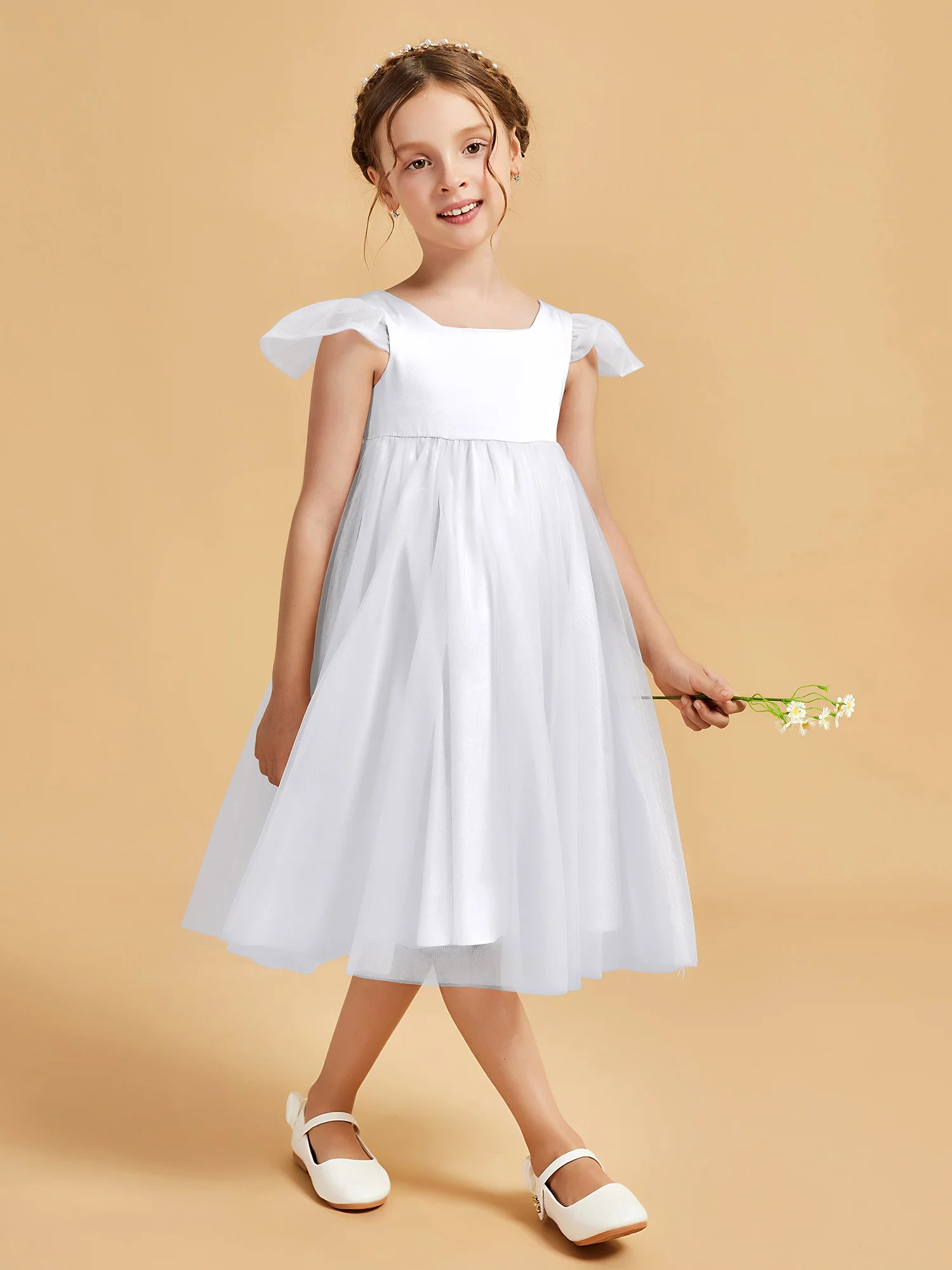 Square Neck Girl's Dress With Flutter Sleeves White