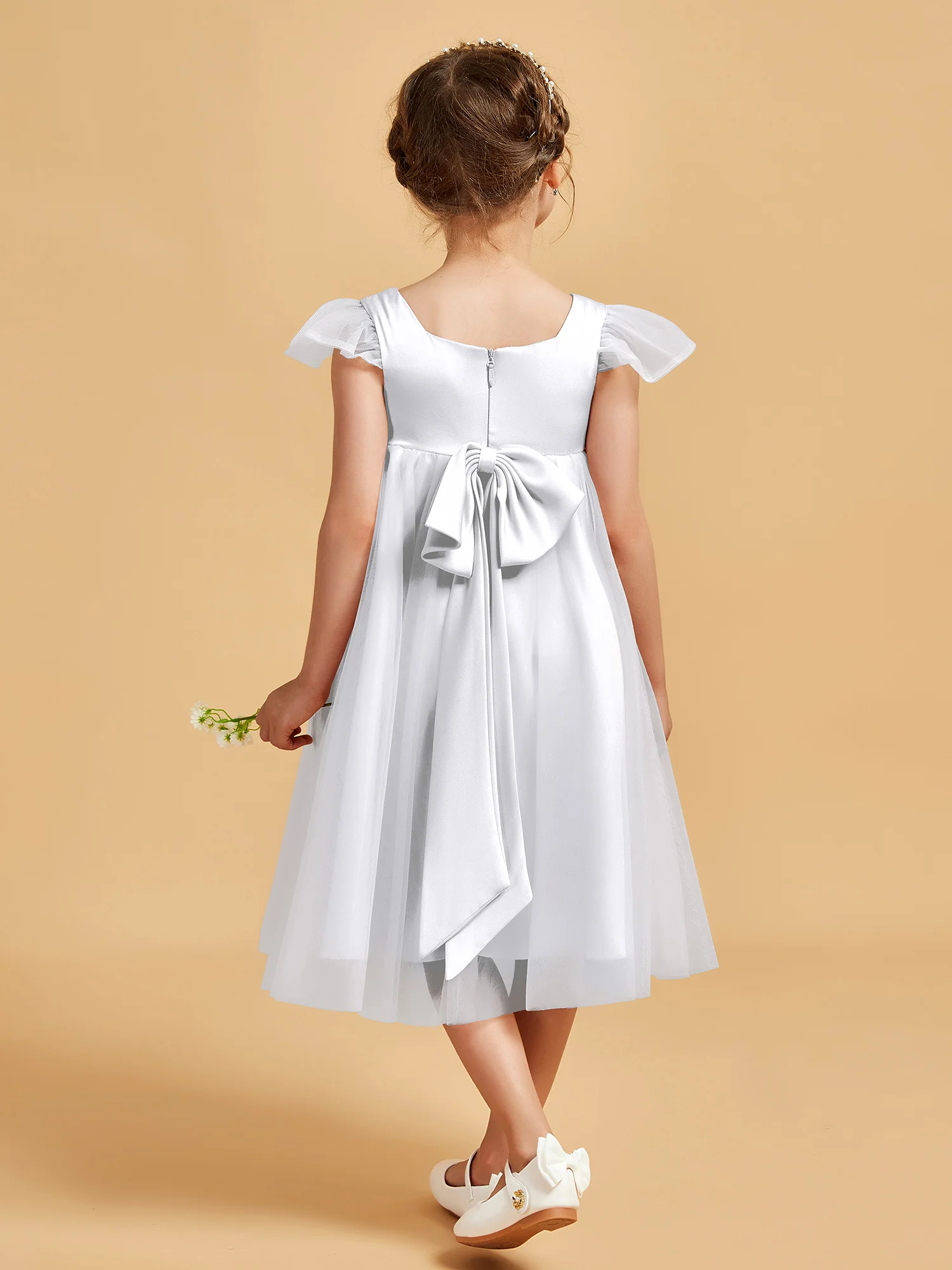 Square Neck Girl's Dress With Flutter Sleeves White - Image 2