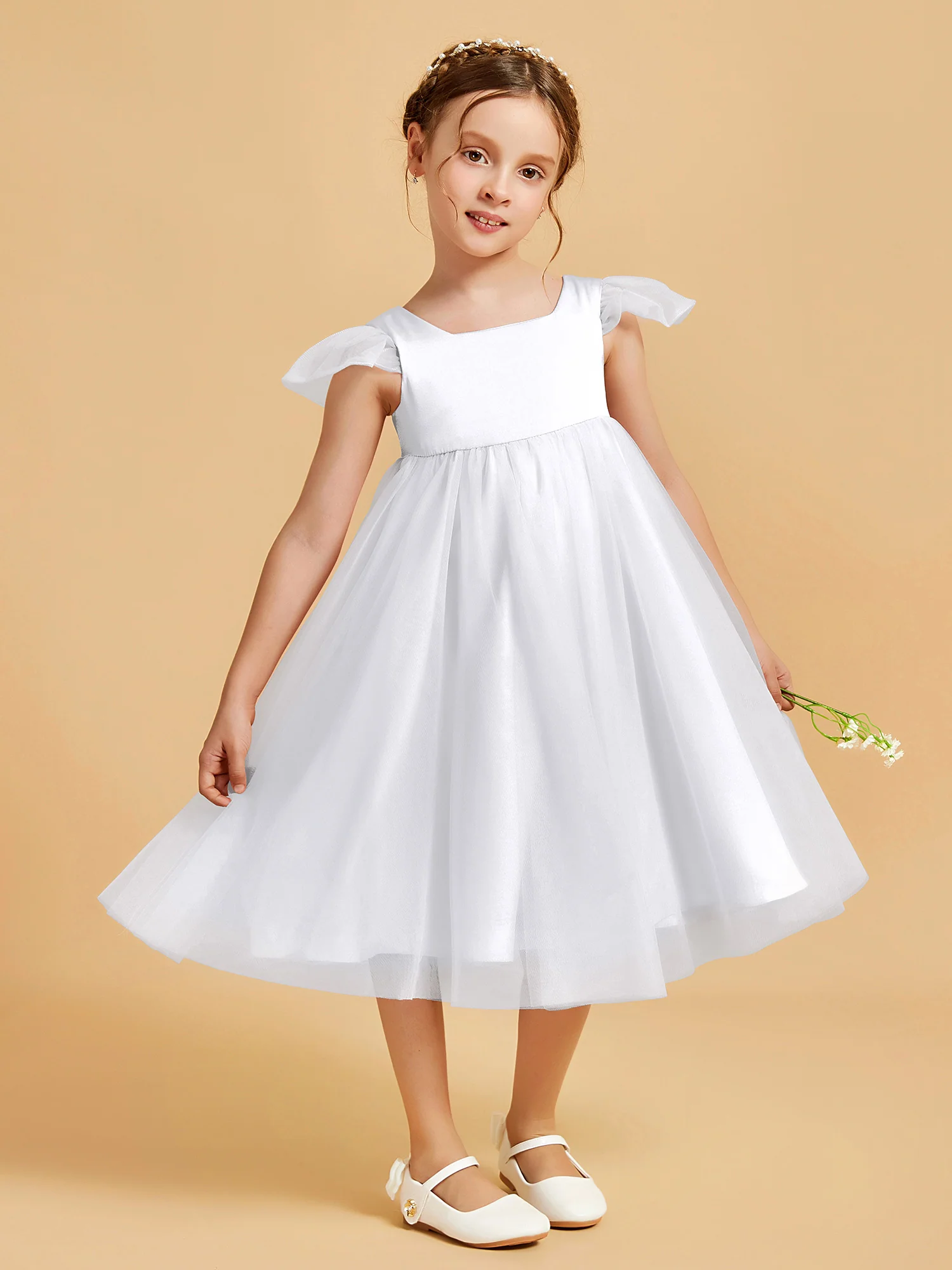 Square Neck Girl's Dress With Flutter Sleeves White - Image 3