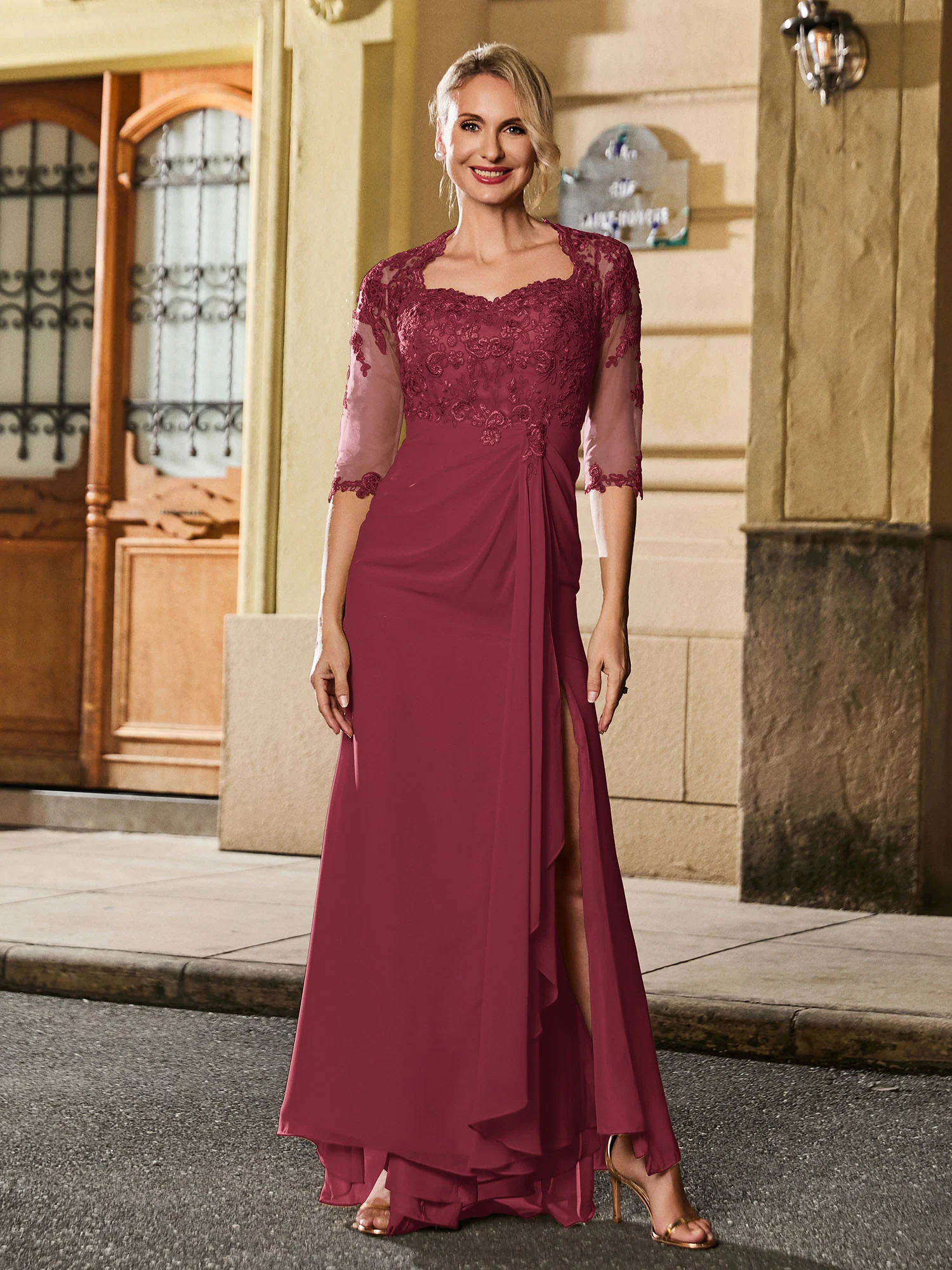 Square Neck Half Sleeve Slim Long Gown with Slit Cinnamon Rose