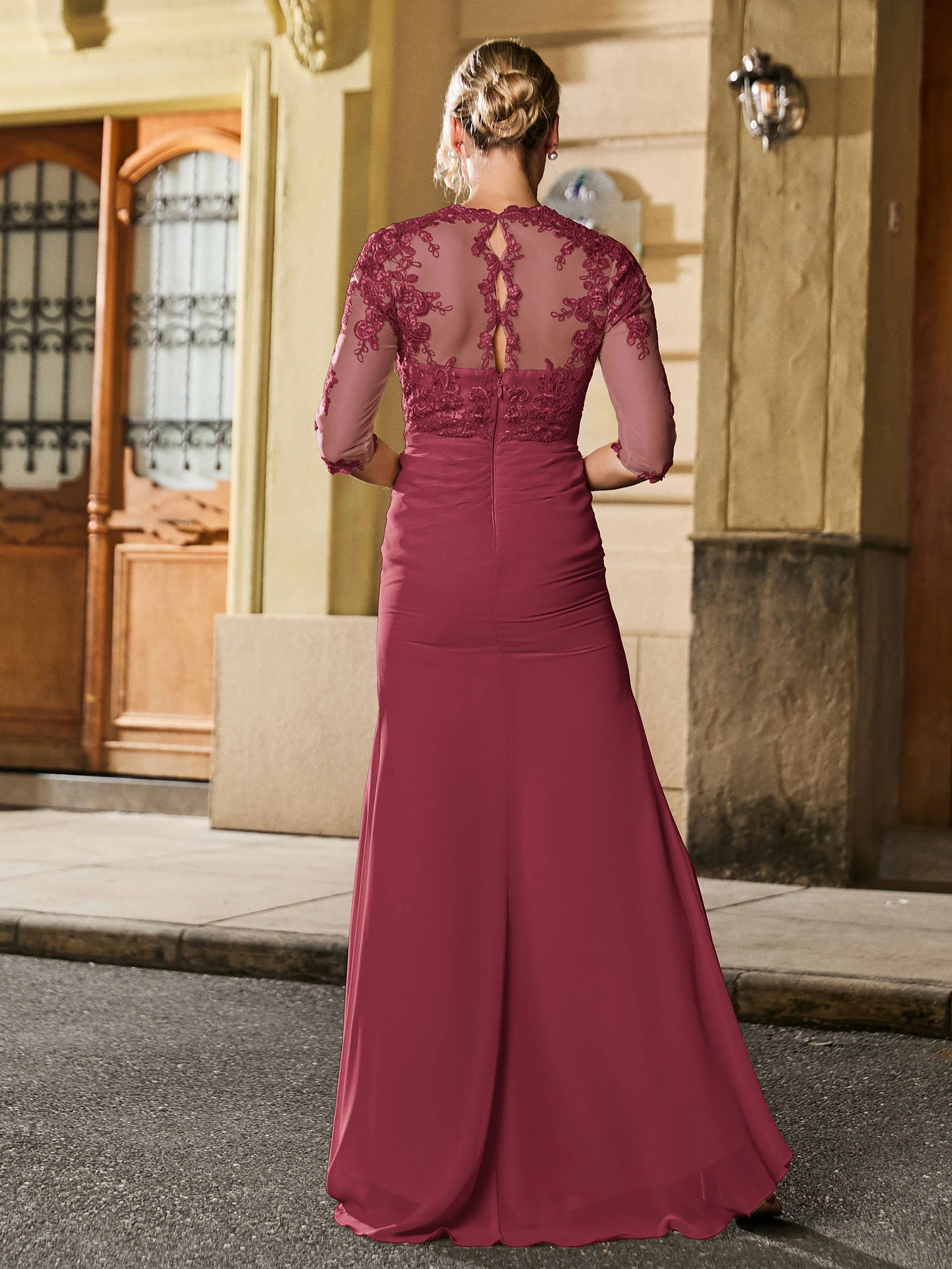 Square Neck Half Sleeve Slim Long Gown with Slit Cinnamon Rose - Image 2