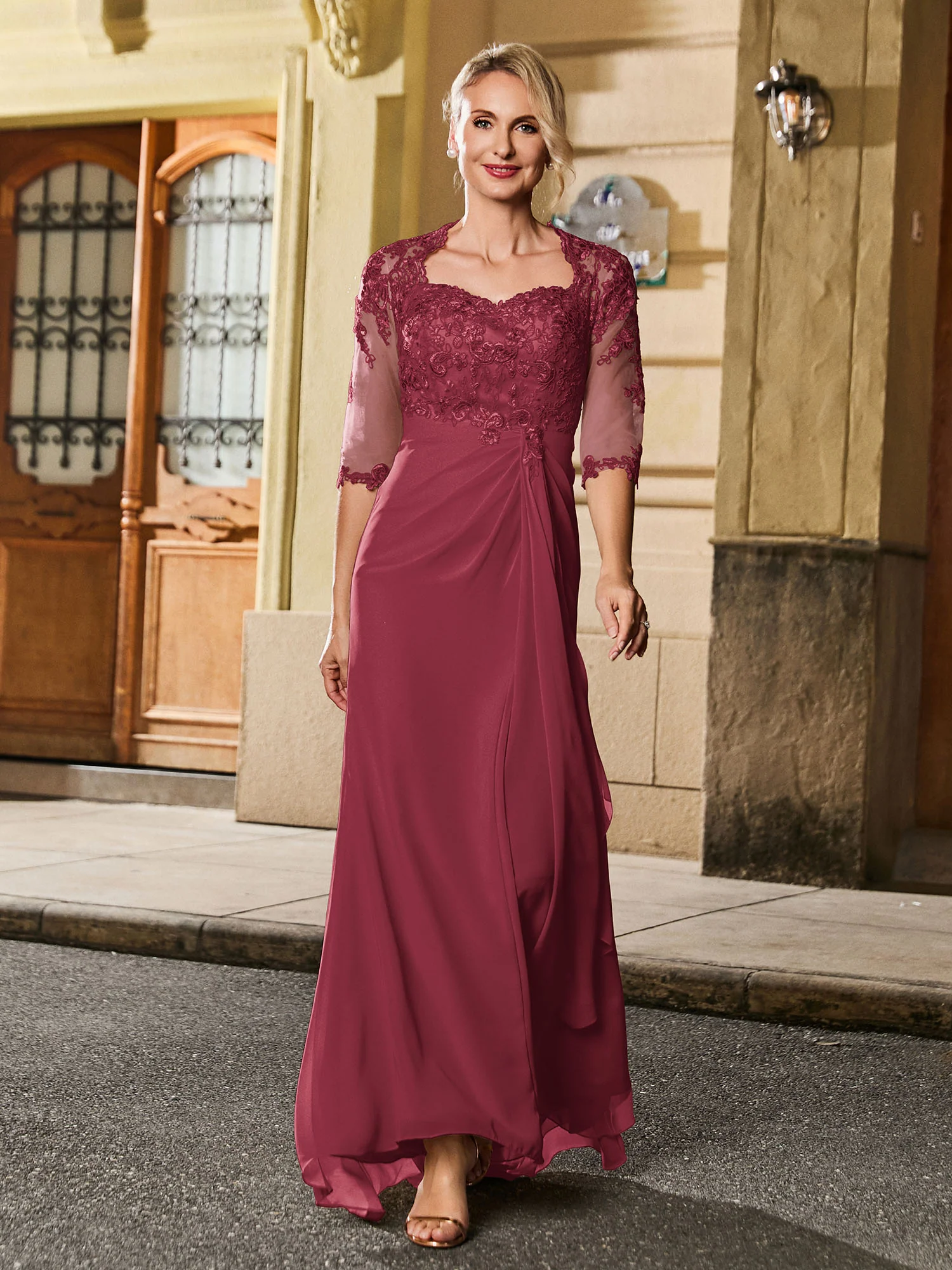 Square Neck Half Sleeve Slim Long Gown with Slit Cinnamon Rose - Image 3