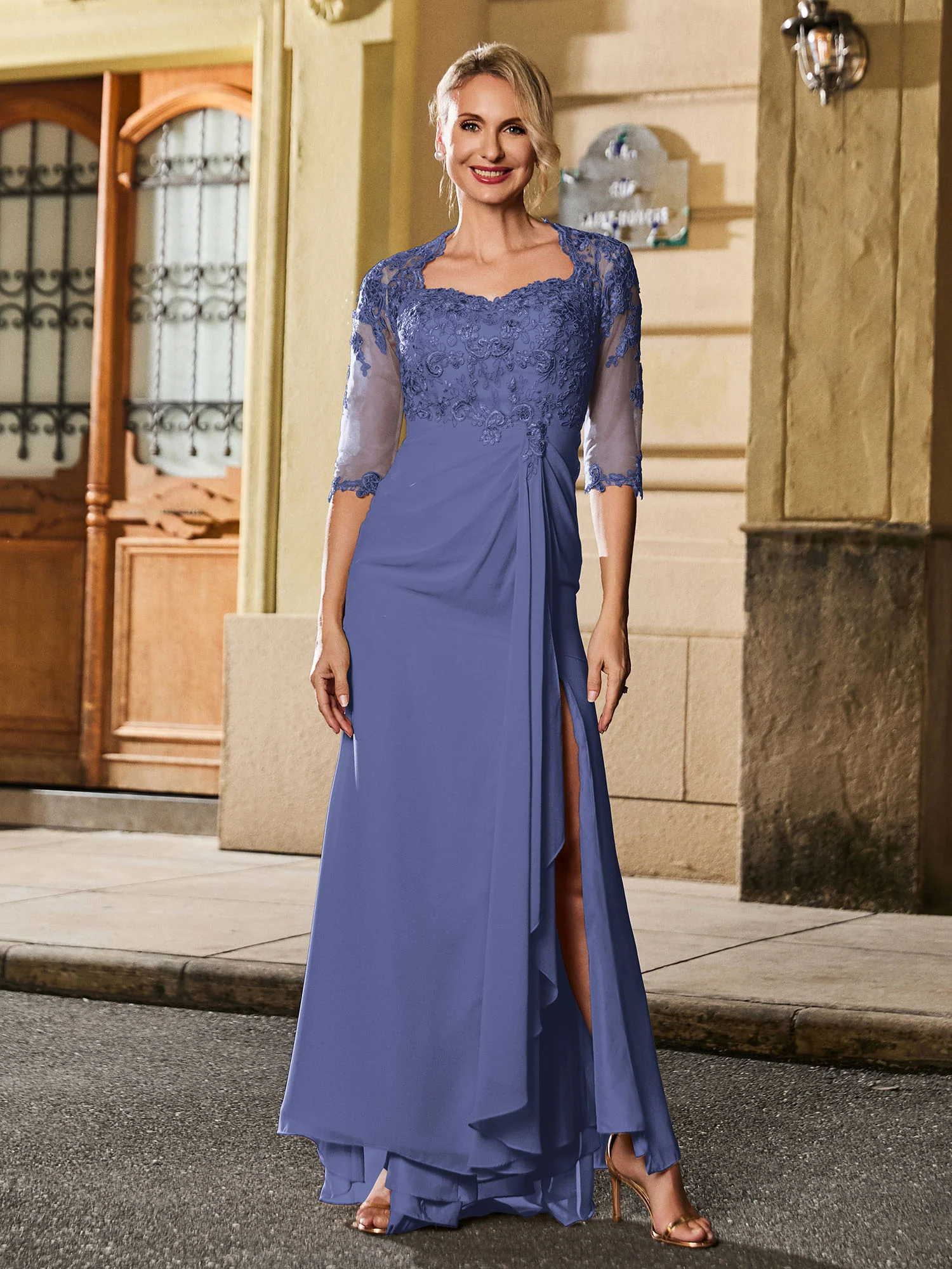 Square Neck Half Sleeve Slim Long Gown with Slit Periwinkle