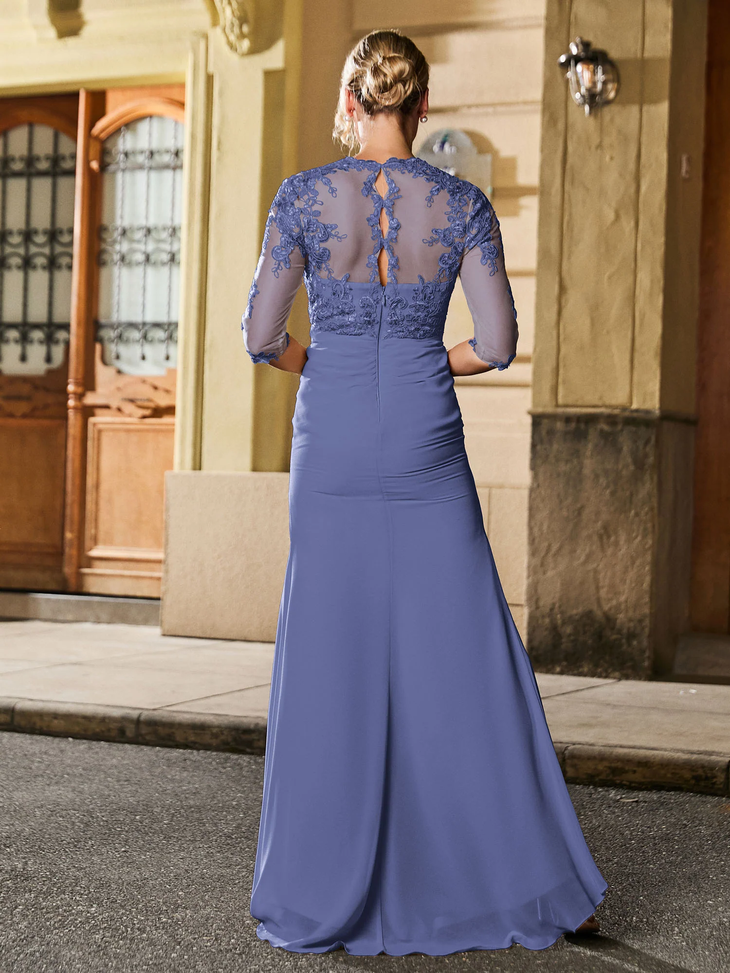Square Neck Half Sleeve Slim Long Gown with Slit Periwinkle - Image 2