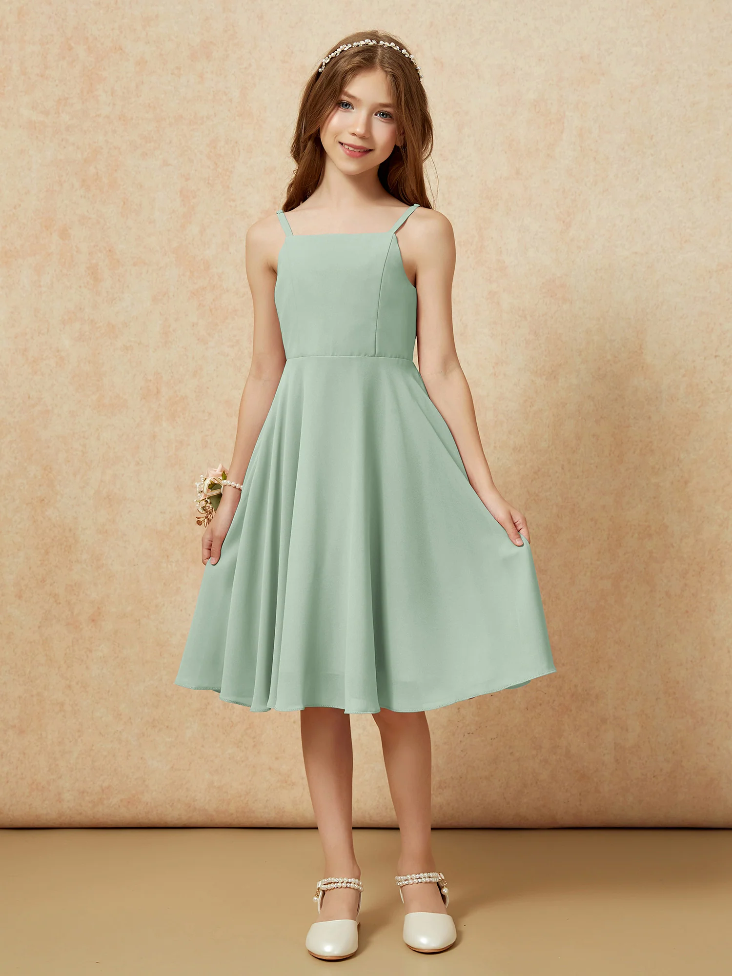 Square Neck Knee-length Junior Bridesmaid Dresses Agave - Image 3