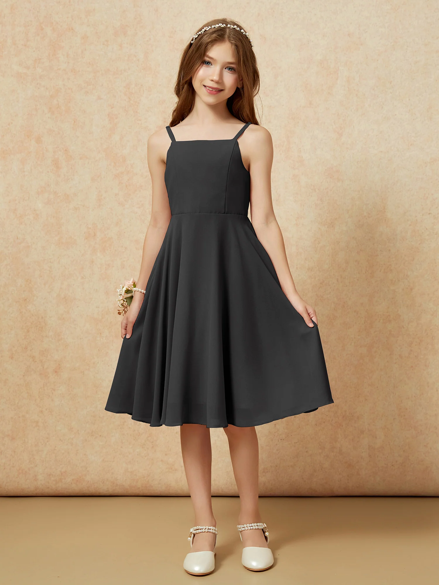 Square Neck Knee-length Junior Bridesmaid Dresses Black - Image 3
