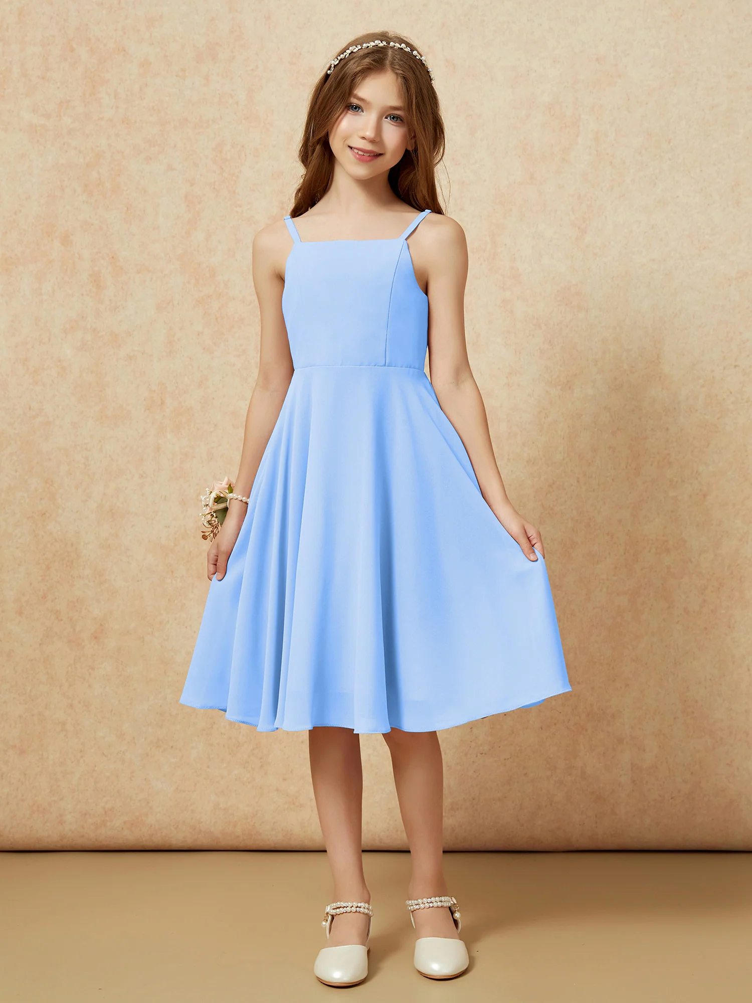 Square Neck Knee-length Junior Bridesmaid Dresses Blue - Image 3