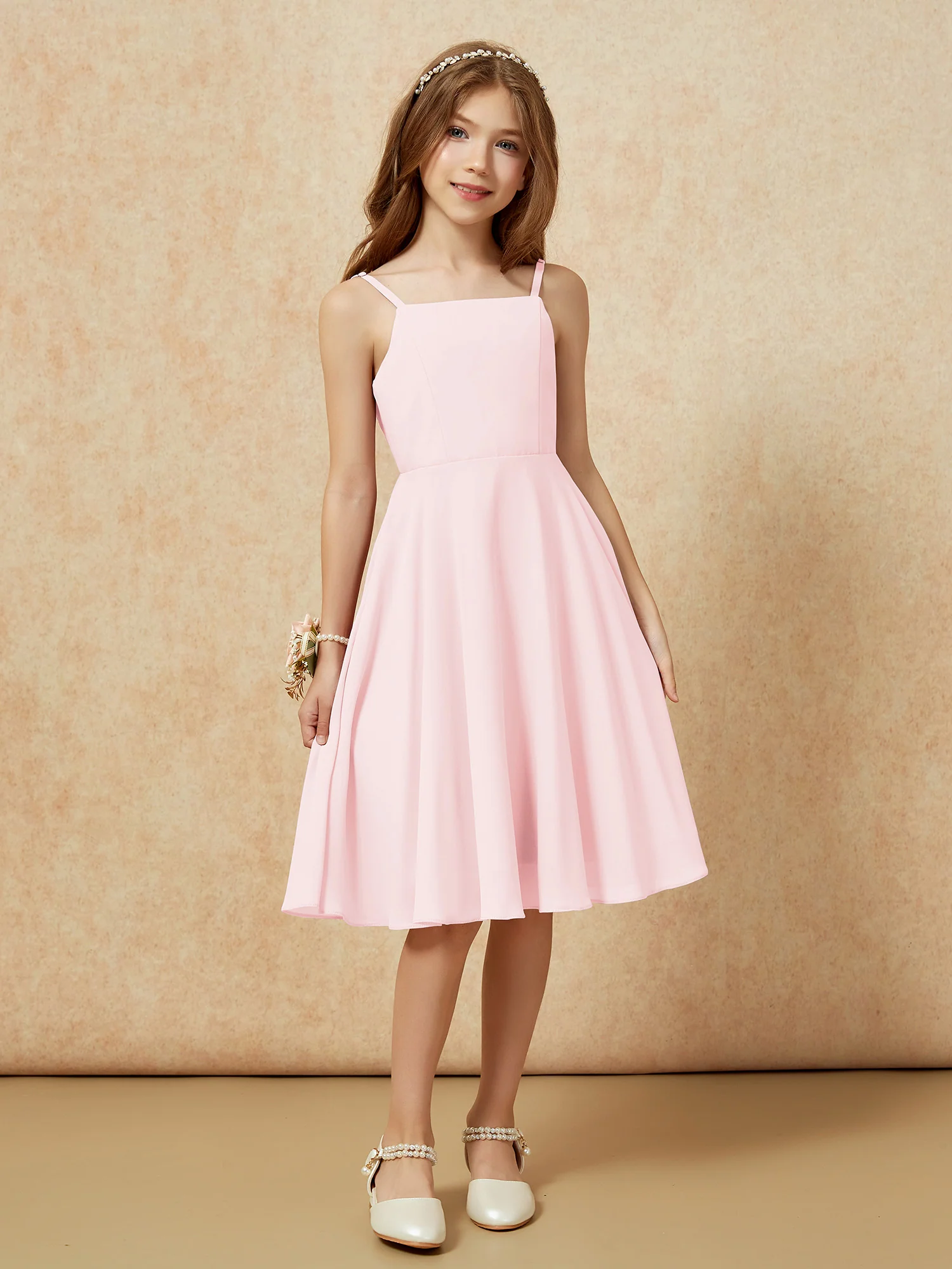 Square Neck Knee-length Junior Bridesmaid Dresses Blushing Pink - Image 6