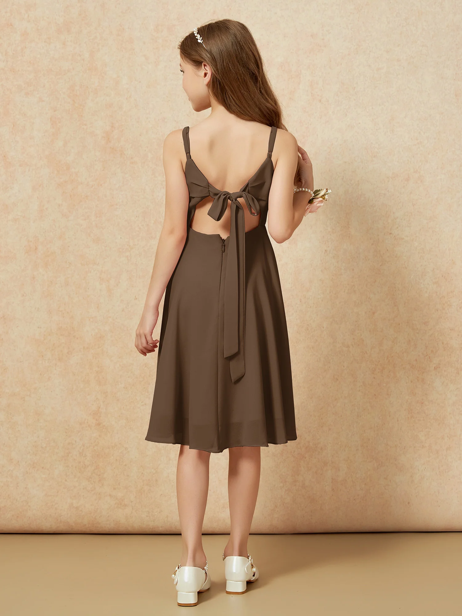 Square Neck Knee-length Junior Bridesmaid Dresses Brown - Image 2