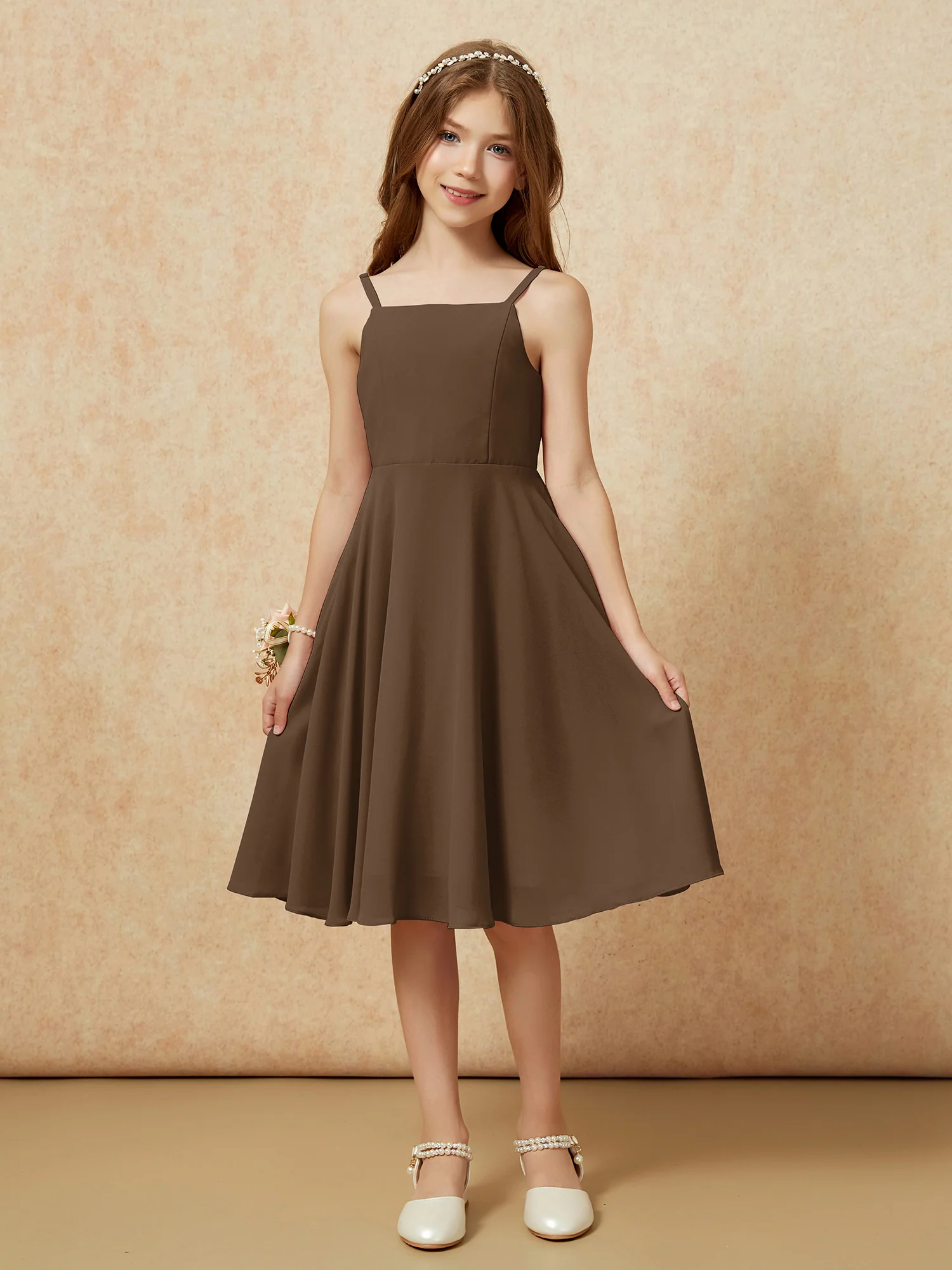 Square Neck Knee-length Junior Bridesmaid Dresses Brown - Image 3