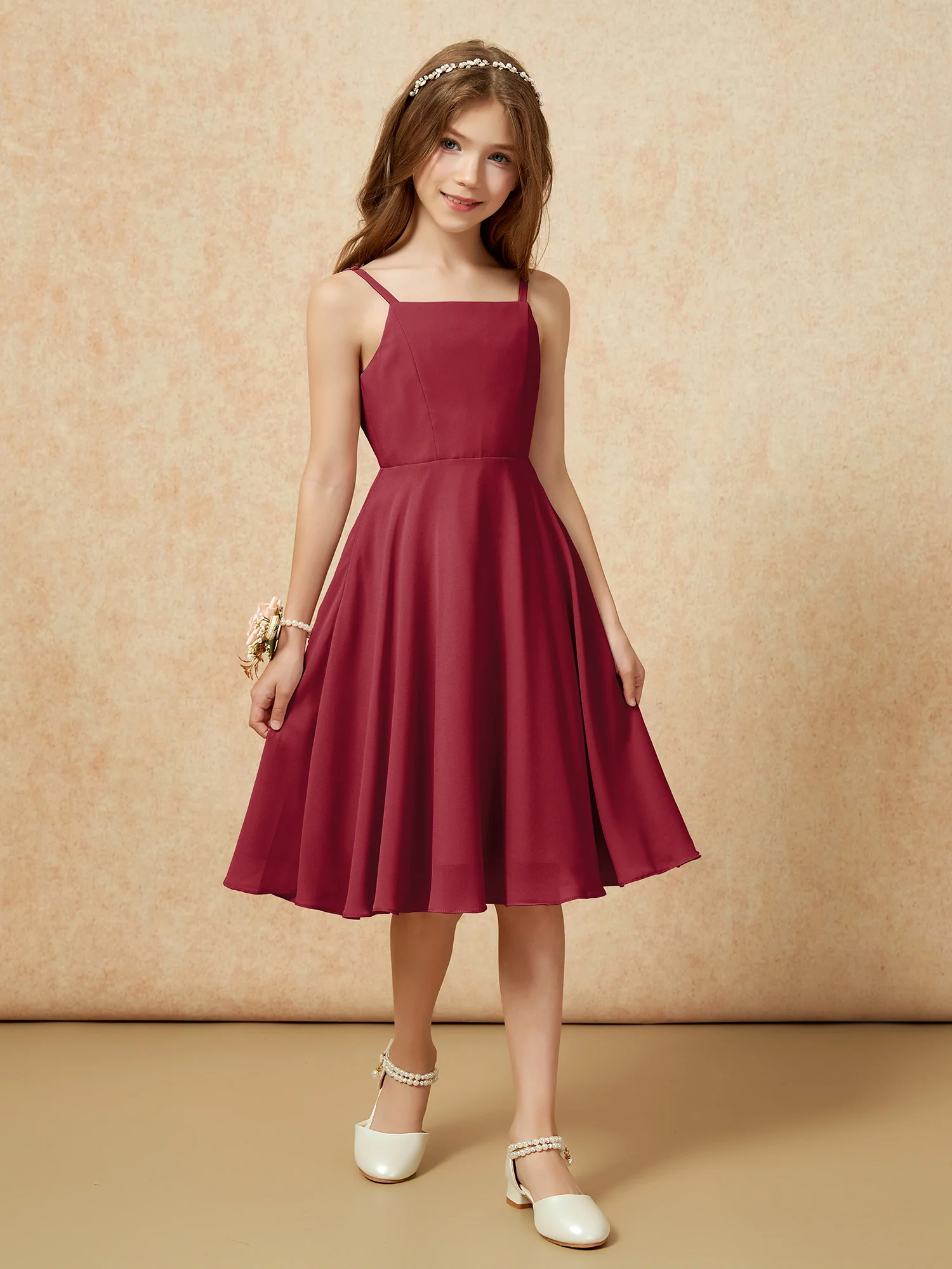 Square Neck Knee-length Junior Bridesmaid Dresses Burgundy