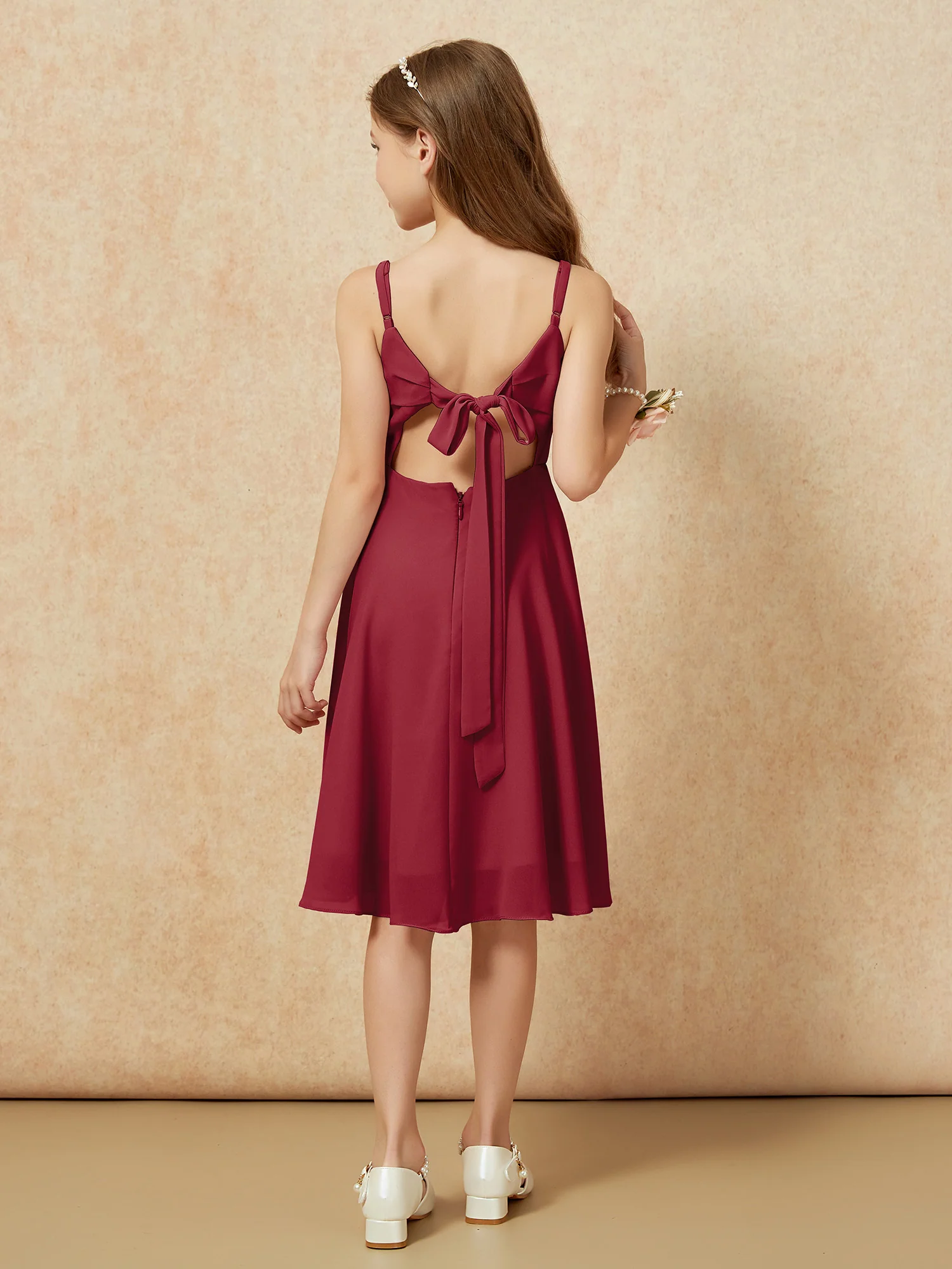 Square Neck Knee-length Junior Bridesmaid Dresses Burgundy - Image 2