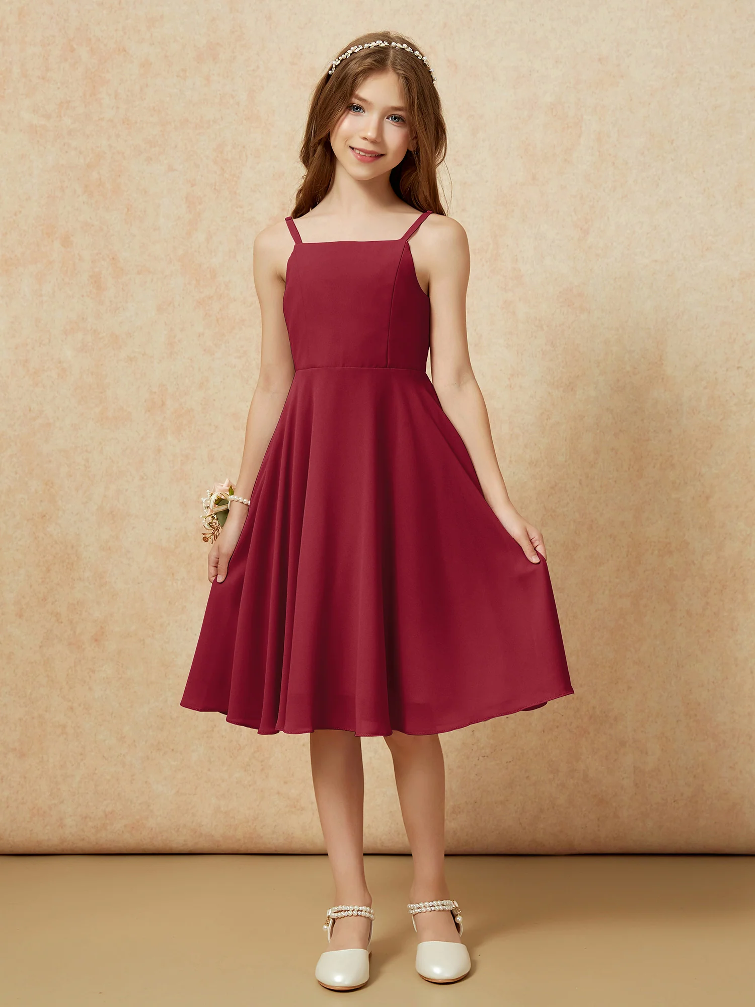 Square Neck Knee-length Junior Bridesmaid Dresses Burgundy - Image 3