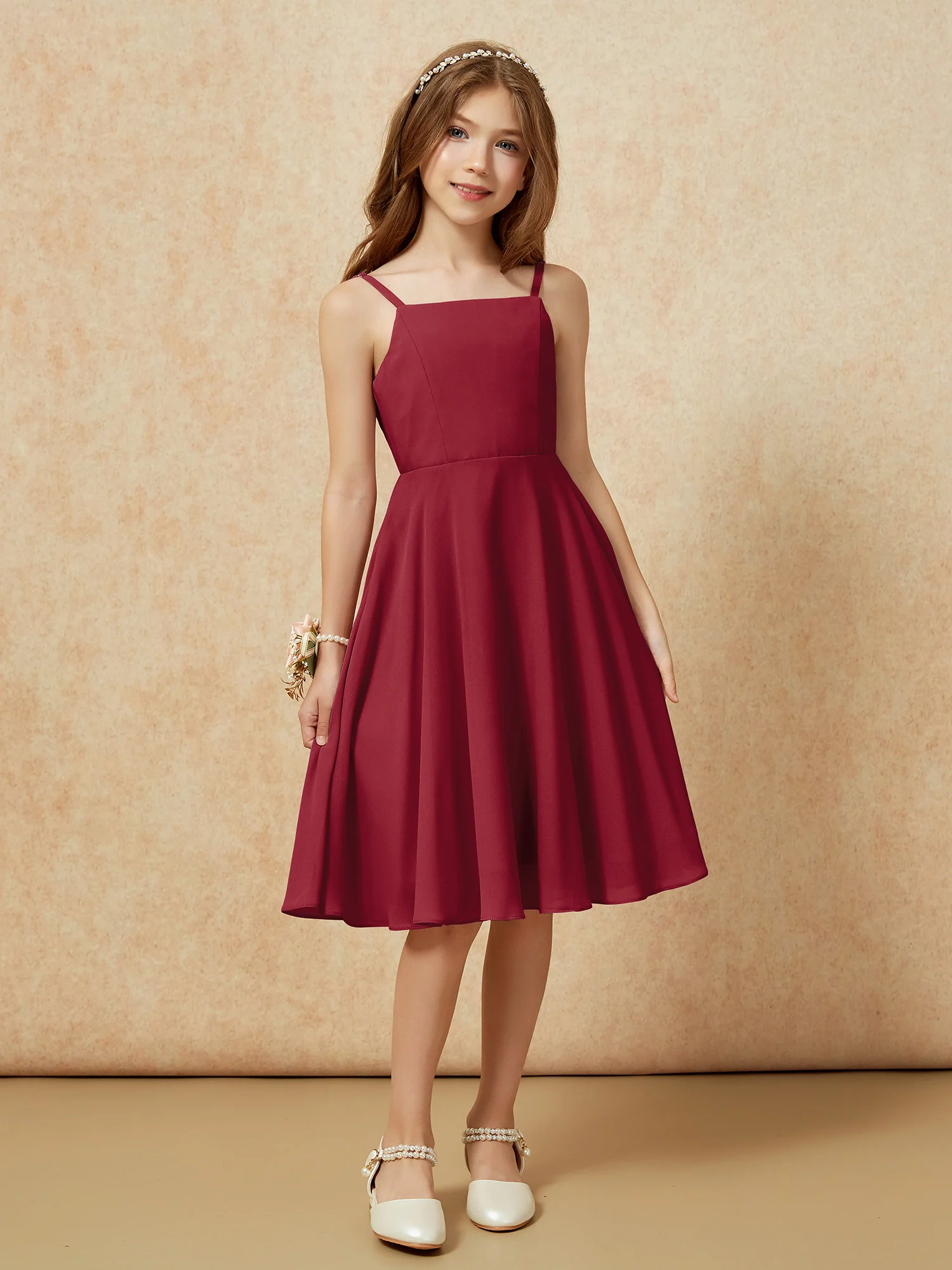Square Neck Knee-length Junior Bridesmaid Dresses Burgundy - Image 6