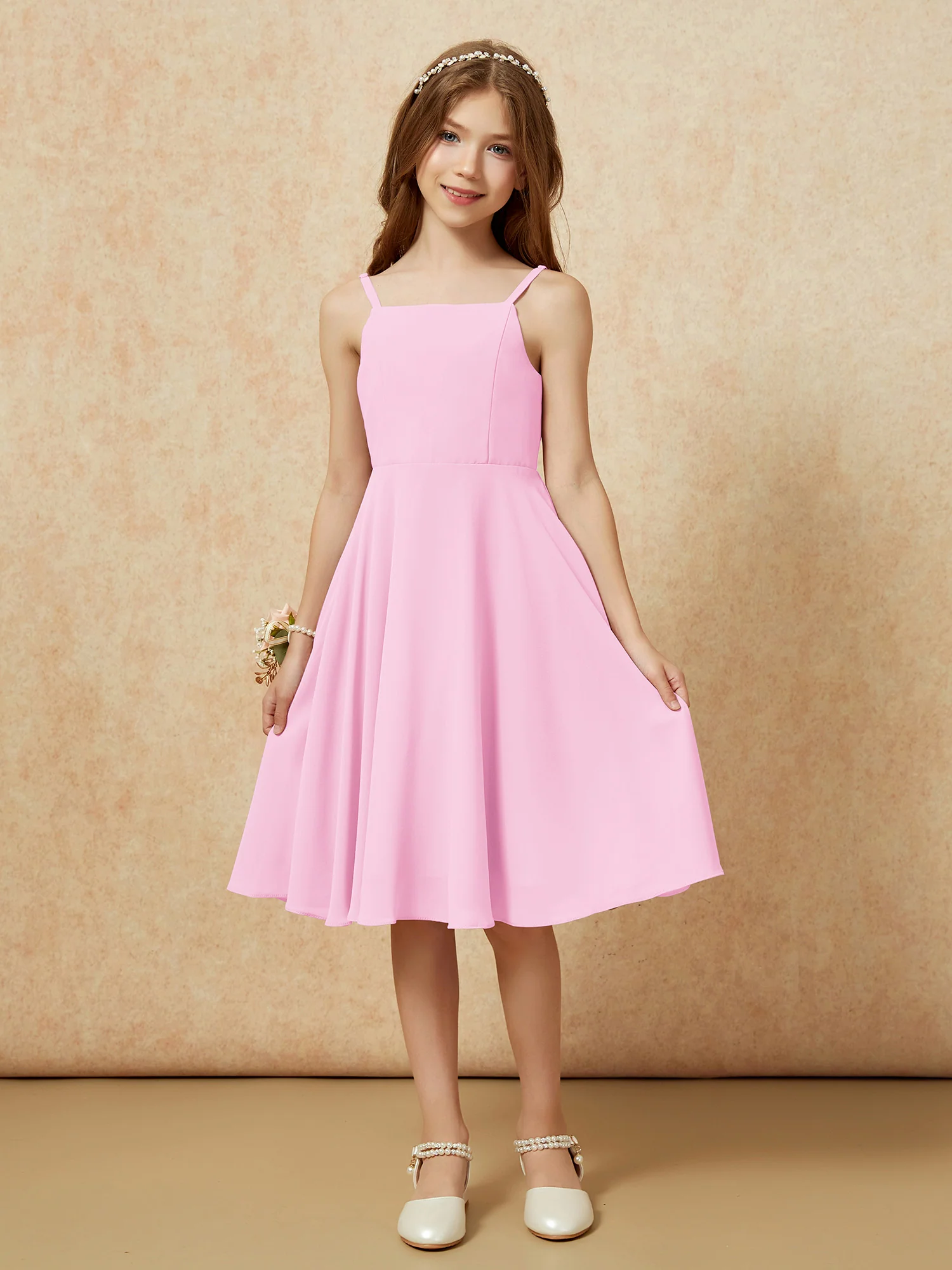 Square Neck Knee-length Junior Bridesmaid Dresses Candy Pink - Image 3