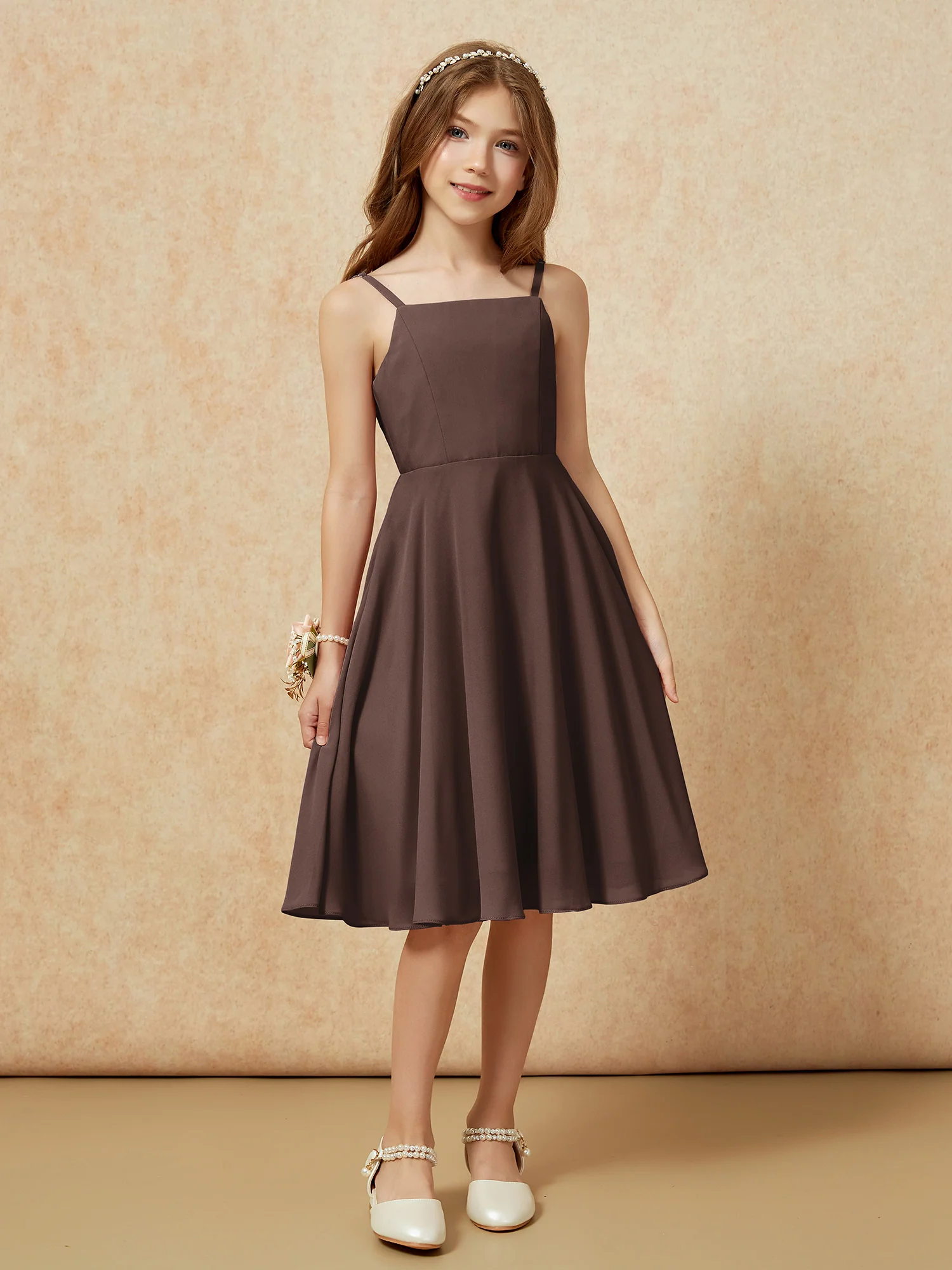 Square Neck Knee-length Junior Bridesmaid Dresses Chocolate - Image 6