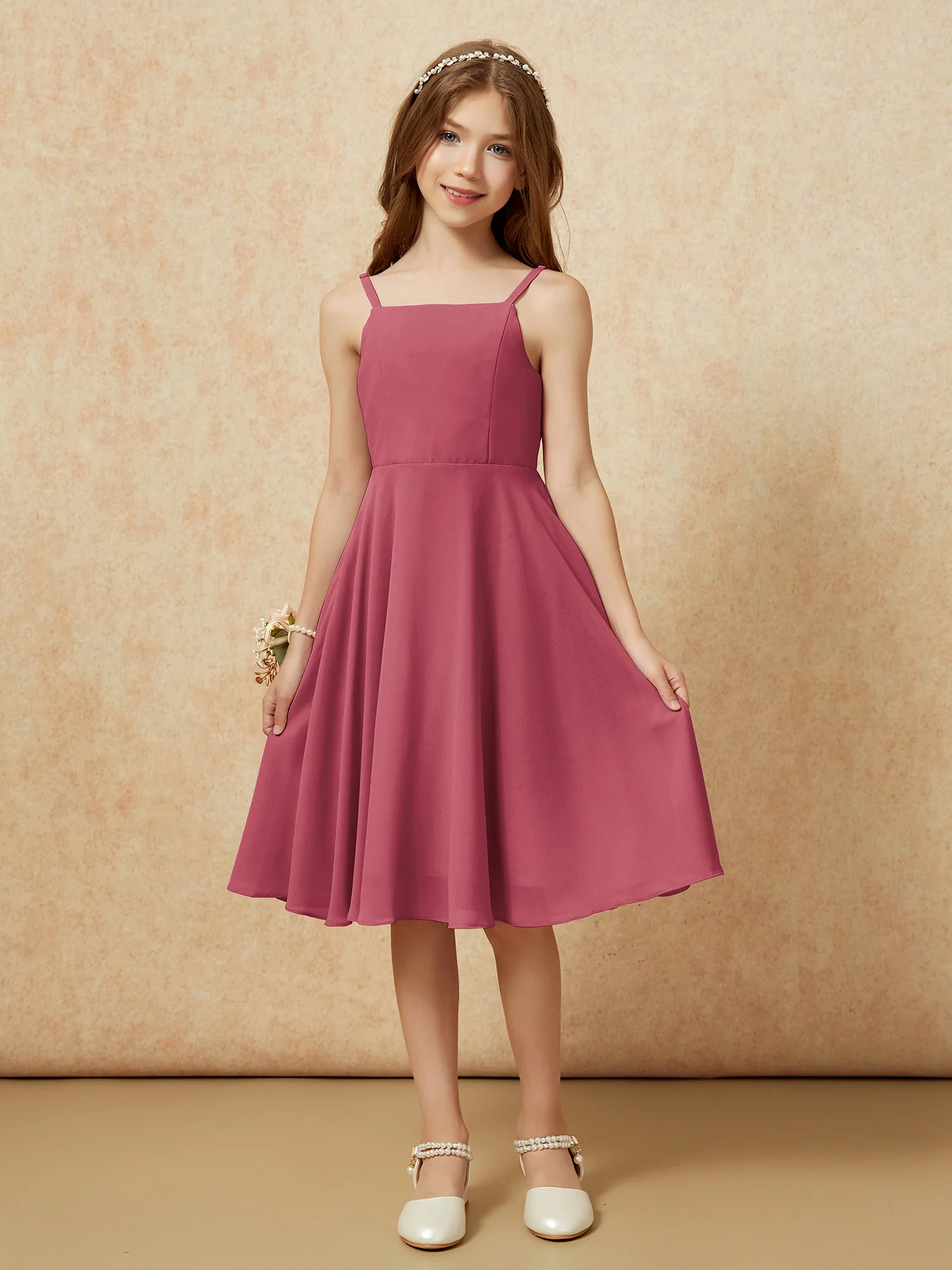Square Neck Knee-length Junior Bridesmaid Dresses Cinnamon Rose - Image 3