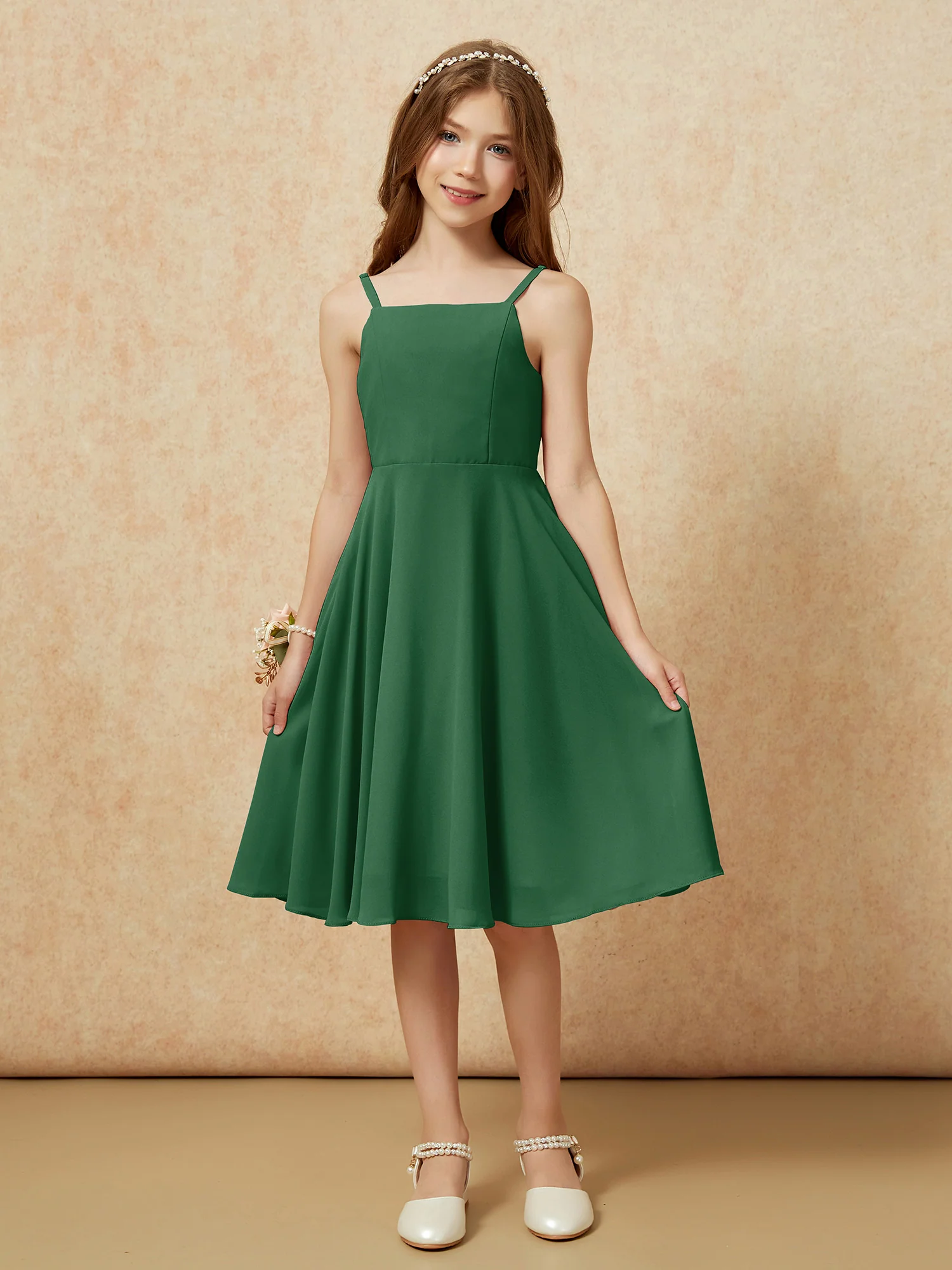 Square Neck Knee-length Junior Bridesmaid Dresses Dark Green - Image 3