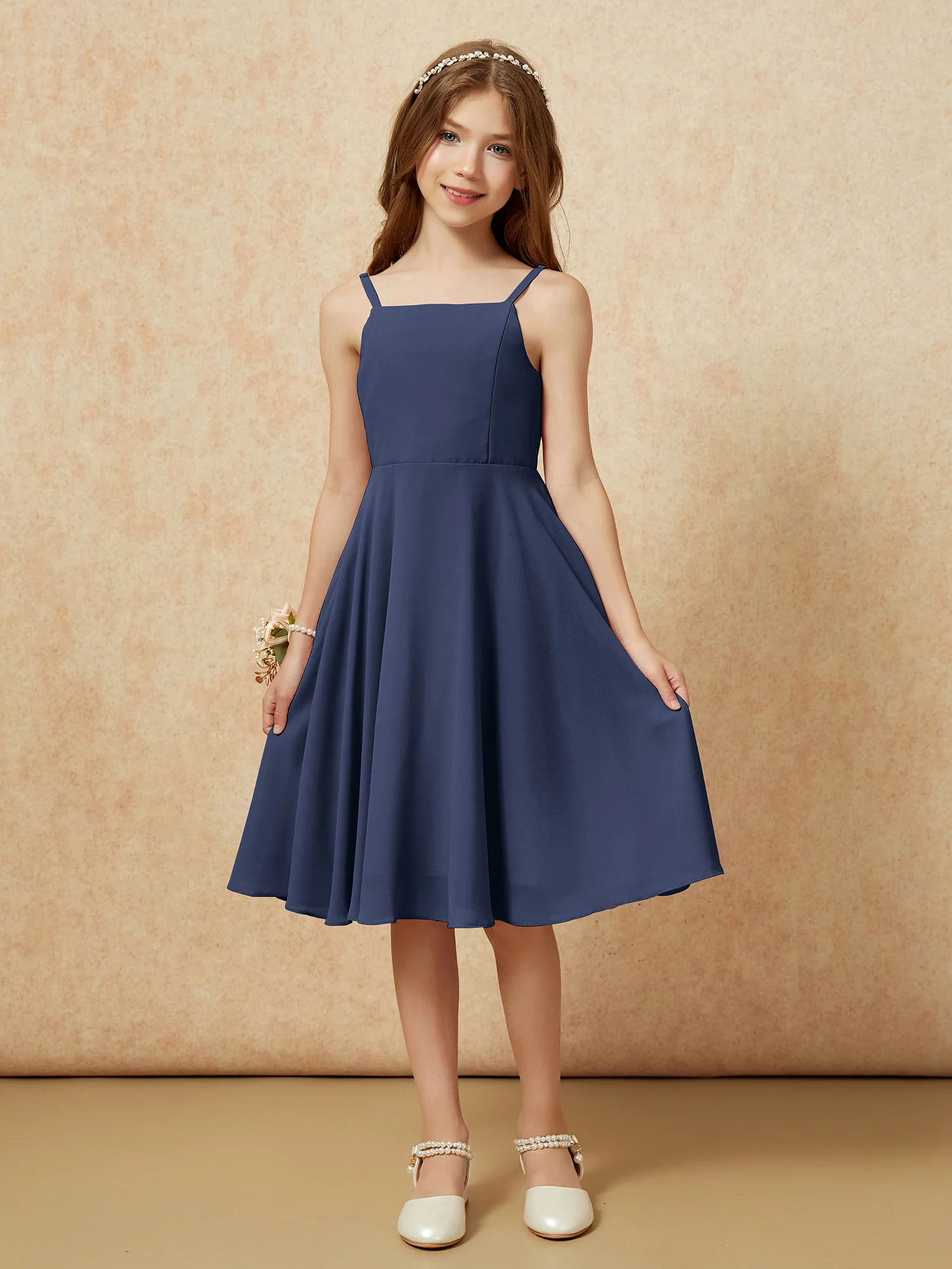 Square Neck Knee-length Junior Bridesmaid Dresses Dark Navy - Image 3