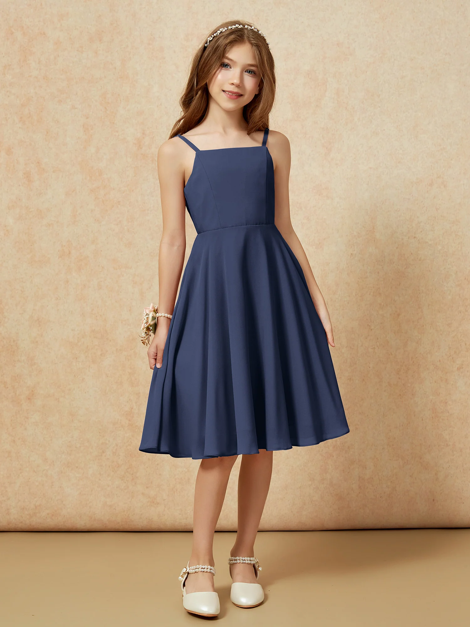 Square Neck Knee-length Junior Bridesmaid Dresses Dark Navy - Image 6