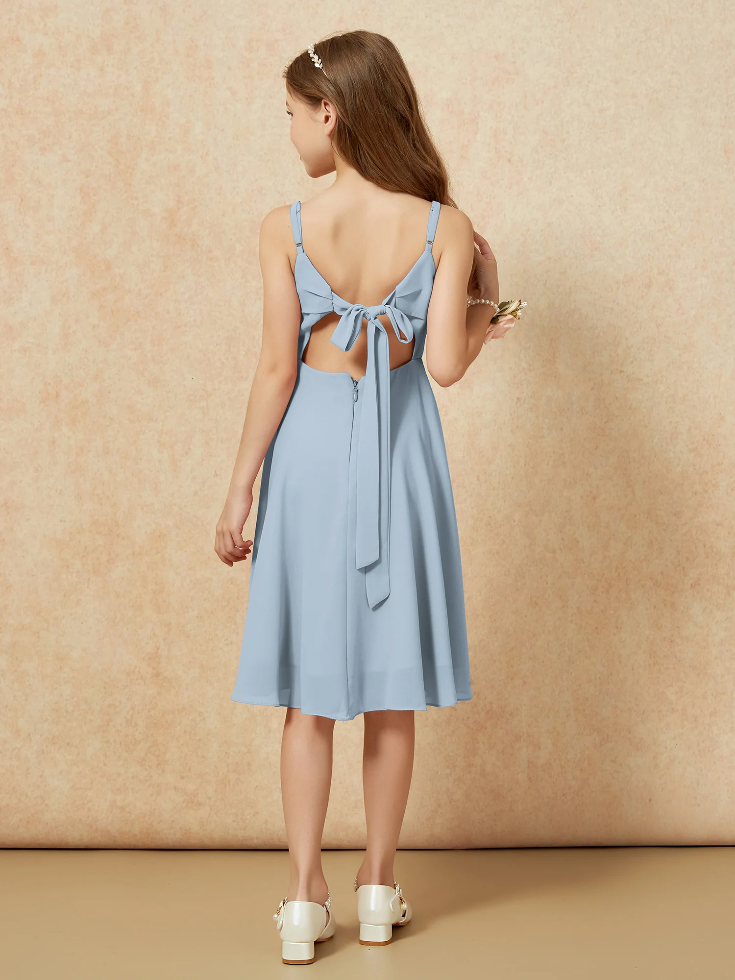 Square Neck Knee-length Junior Bridesmaid Dresses Dusty Blue - Image 2