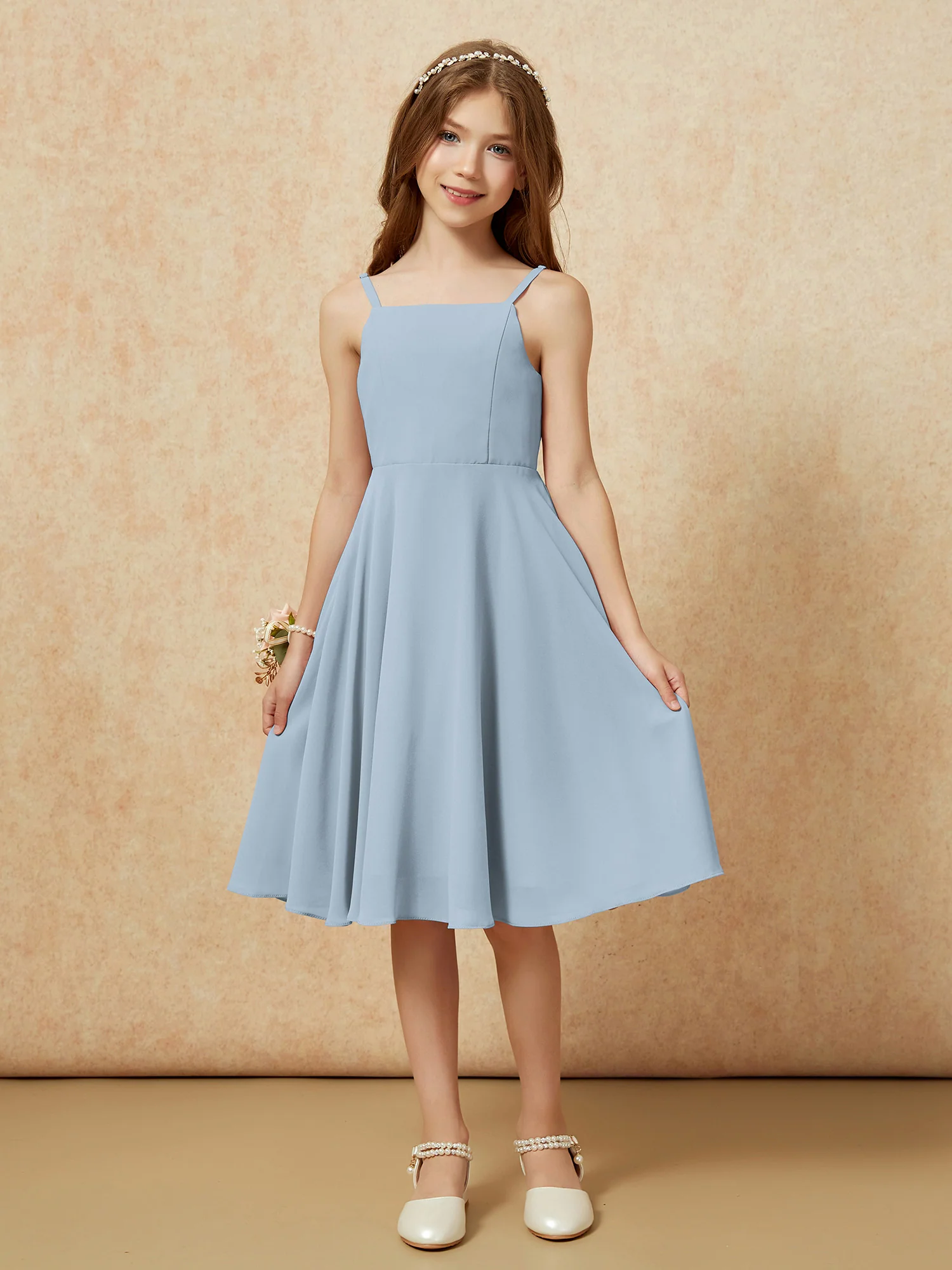 Square Neck Knee-length Junior Bridesmaid Dresses Dusty Blue - Image 3