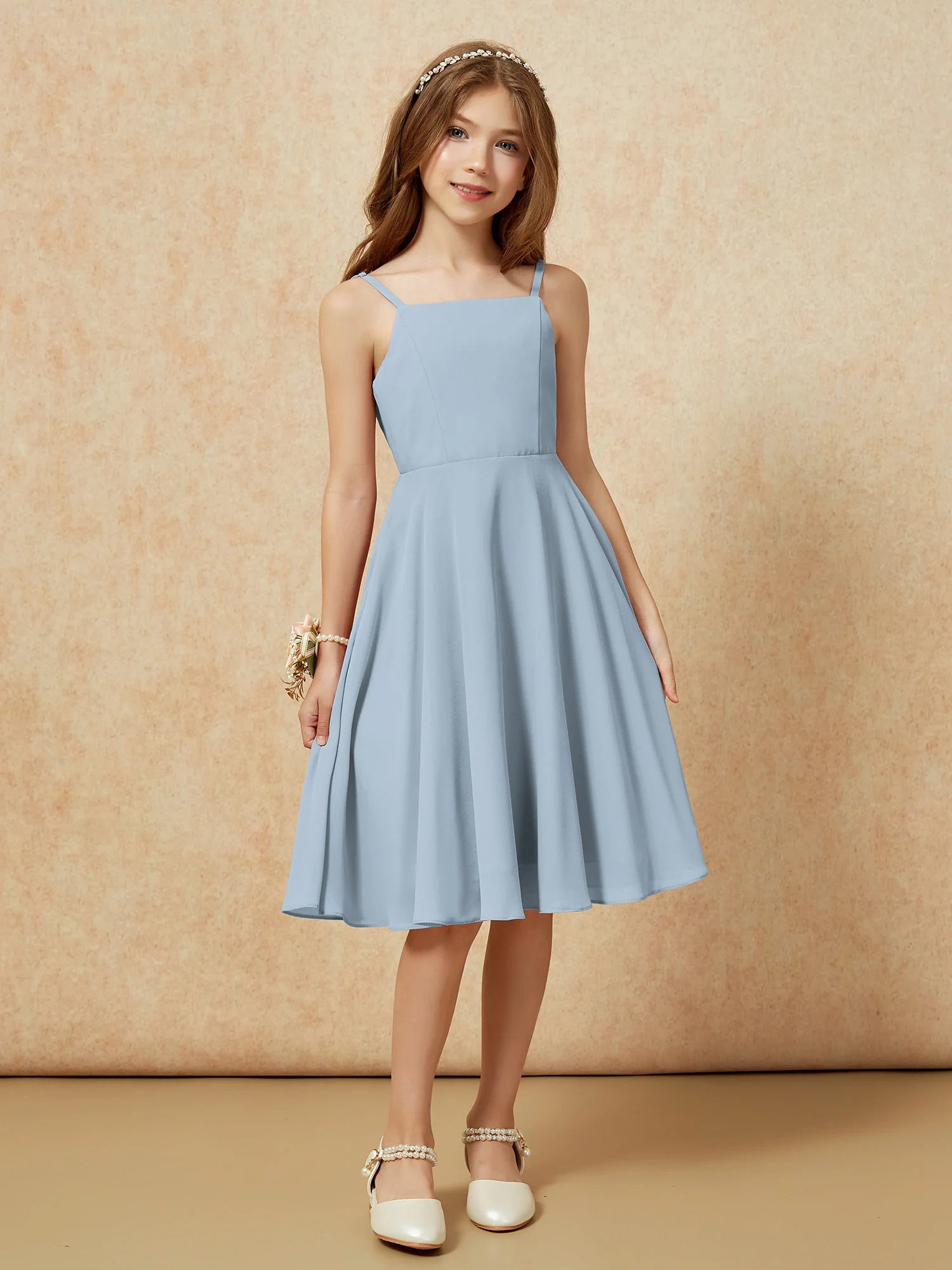 Square Neck Knee-length Junior Bridesmaid Dresses Dusty Blue - Image 6