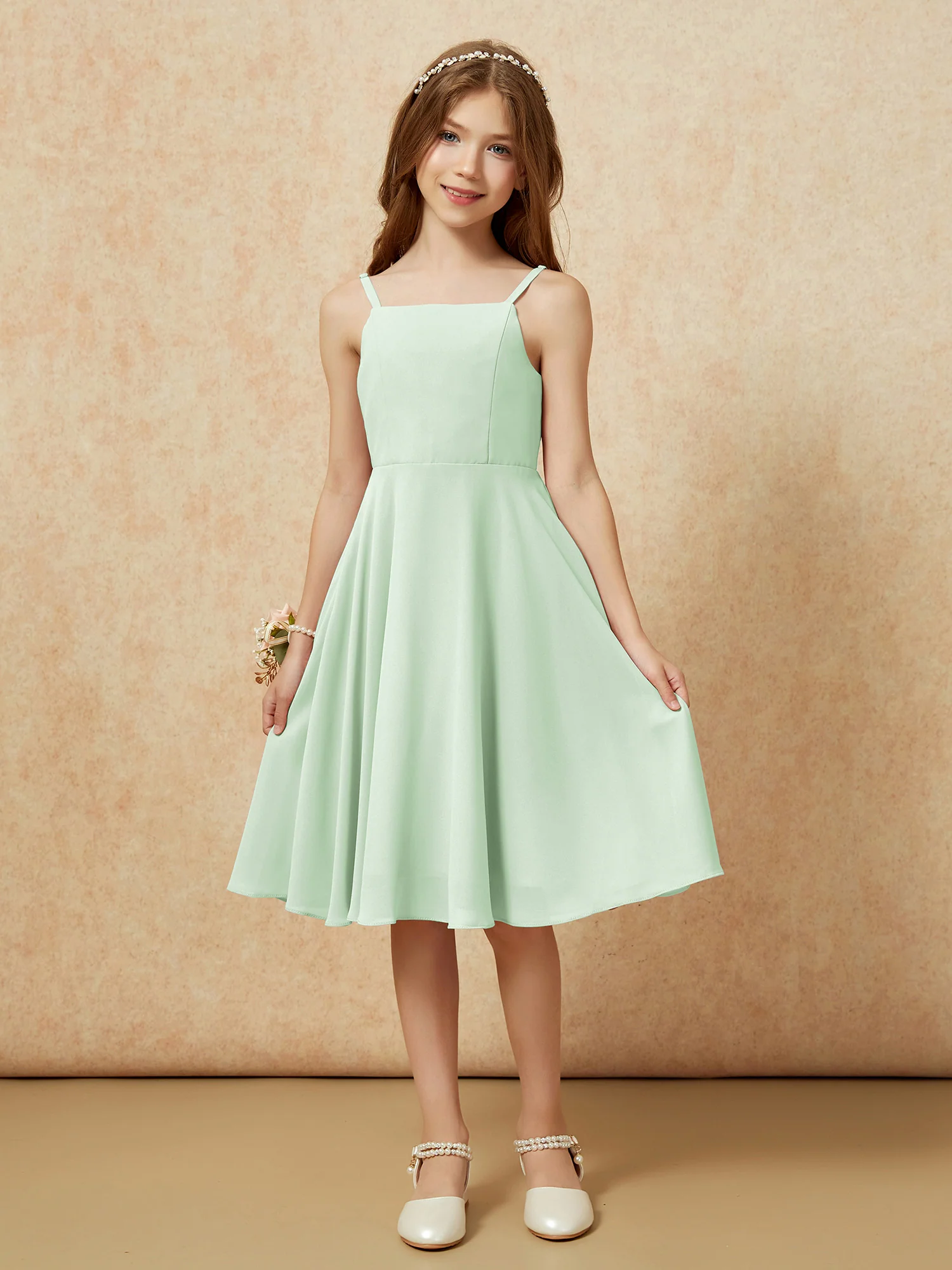 Square Neck Knee-length Junior Bridesmaid Dresses Dusty Sage - Image 3