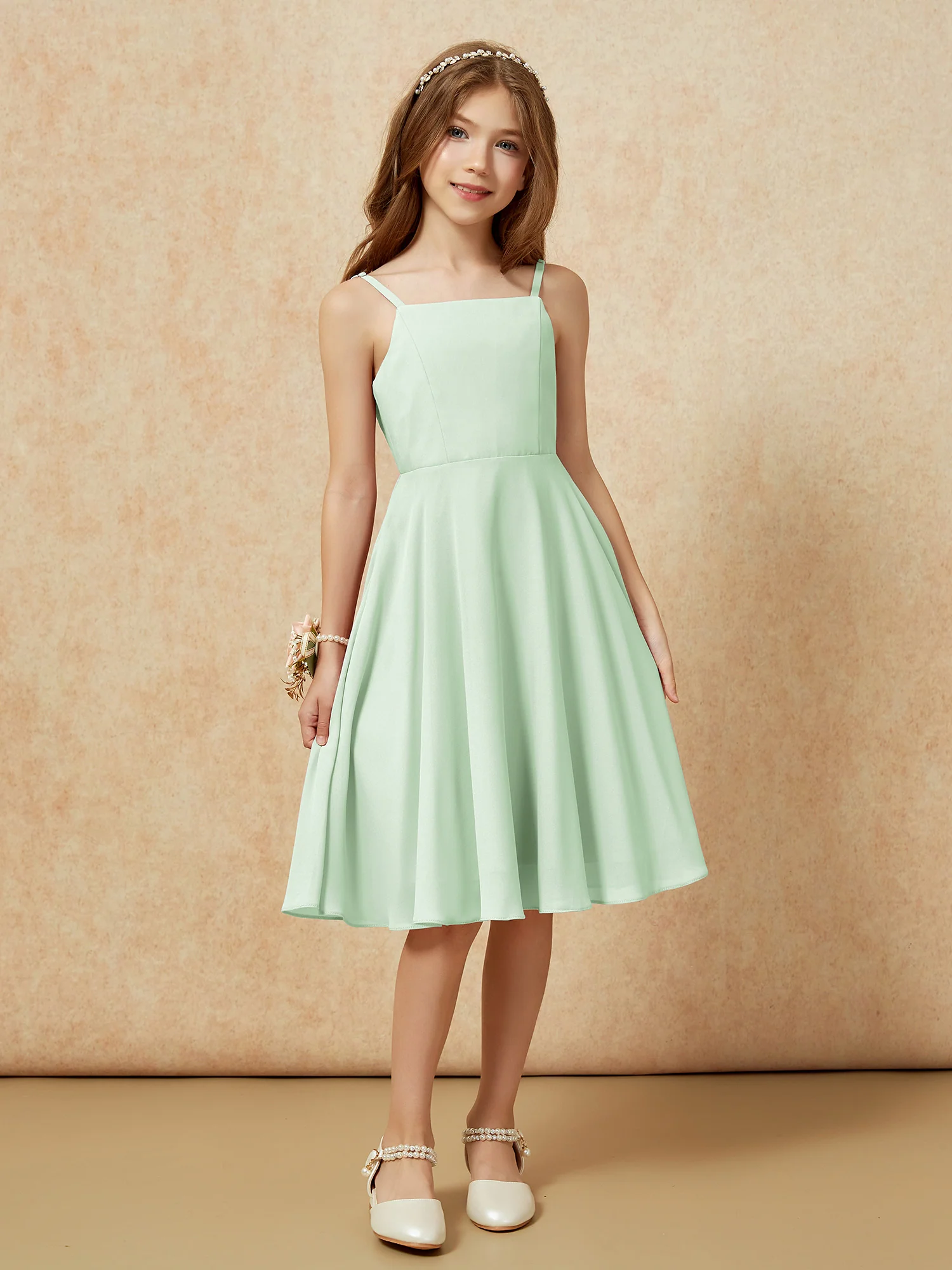 Square Neck Knee-length Junior Bridesmaid Dresses Dusty Sage - Image 6
