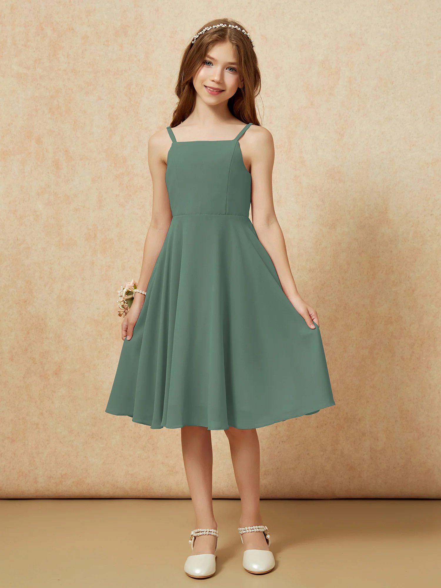Square Neck Knee-length Junior Bridesmaid Dresses Eucalyptus - Image 3