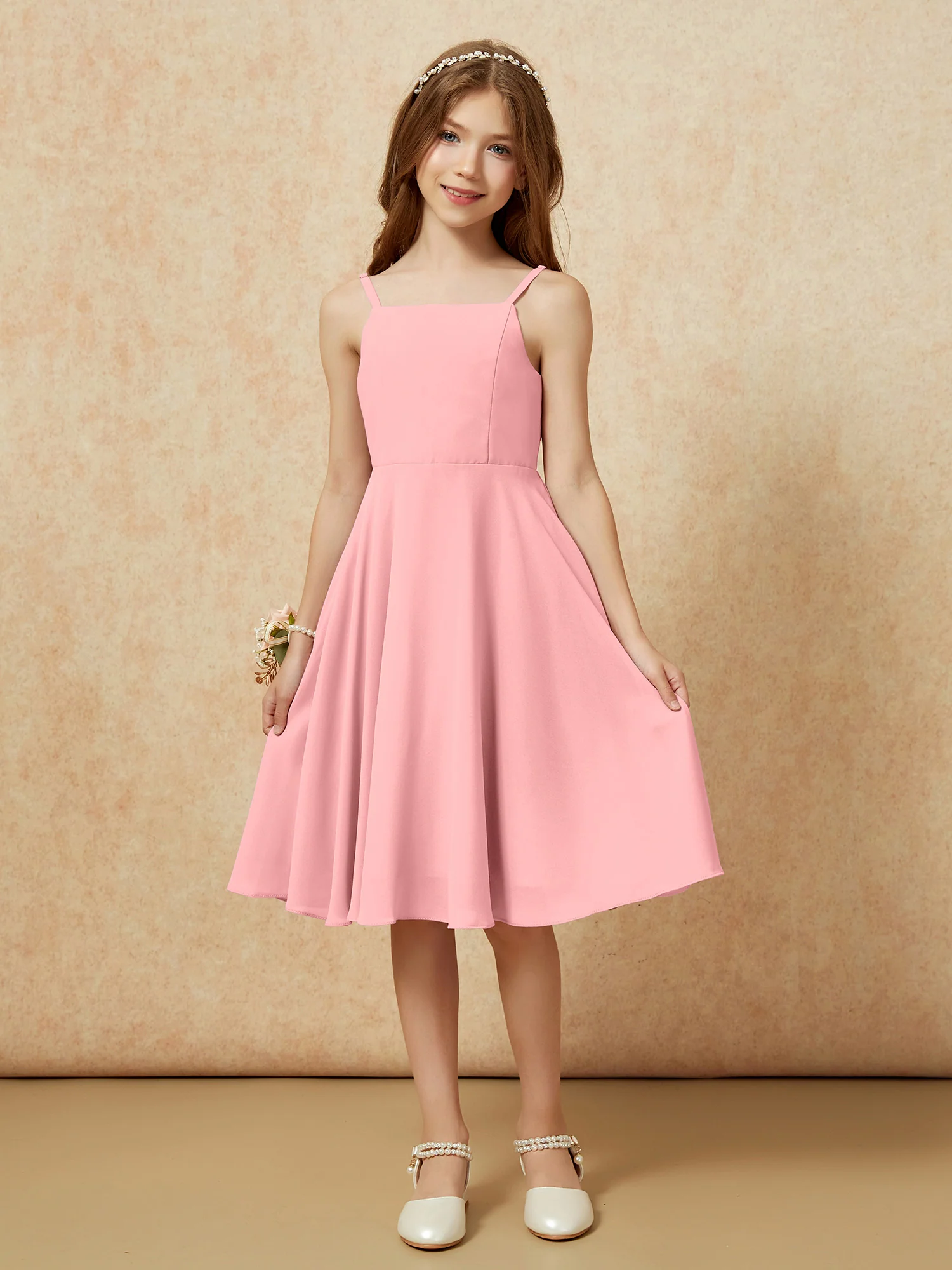 Square Neck Knee-length Junior Bridesmaid Dresses Flamingo - Image 3