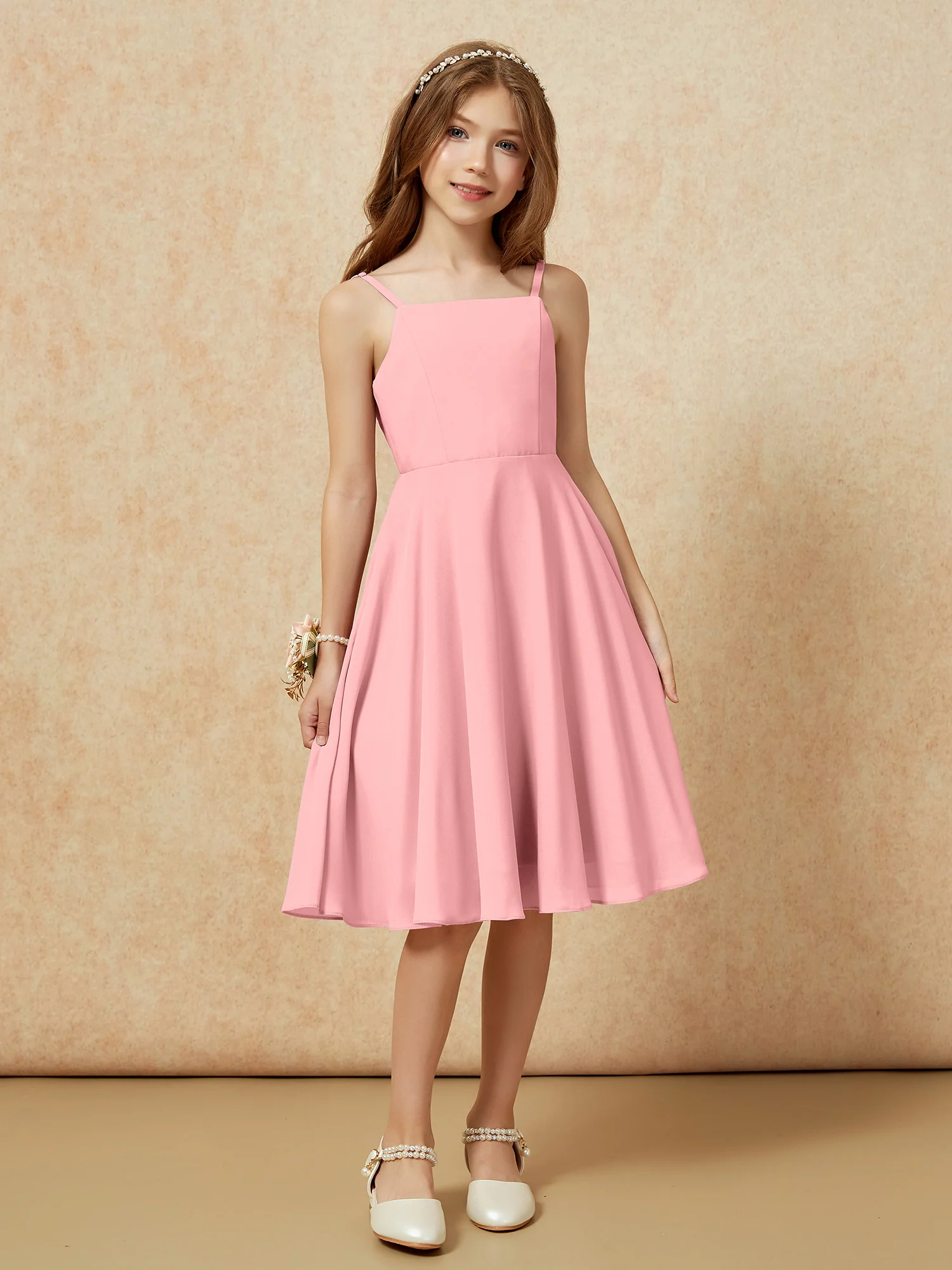 Square Neck Knee-length Junior Bridesmaid Dresses Flamingo - Image 6