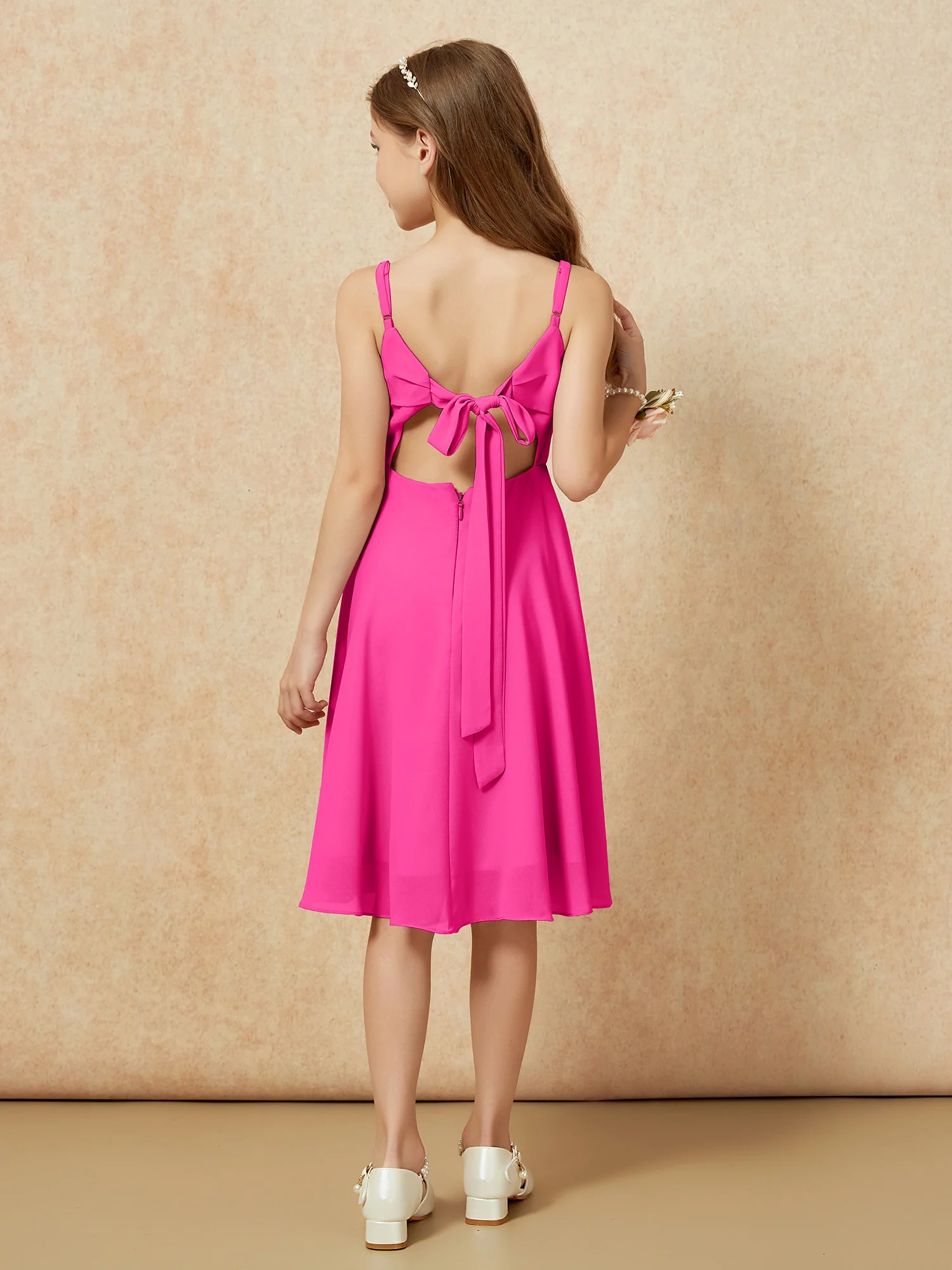 Square Neck Knee-length Junior Bridesmaid Dresses Fuchsia - Image 2