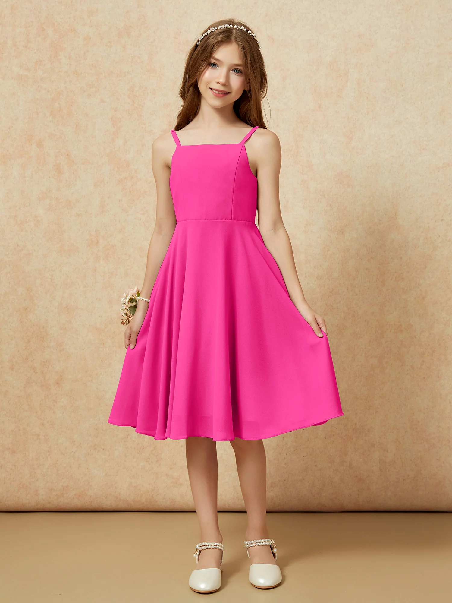 Square Neck Knee-length Junior Bridesmaid Dresses Fuchsia - Image 3