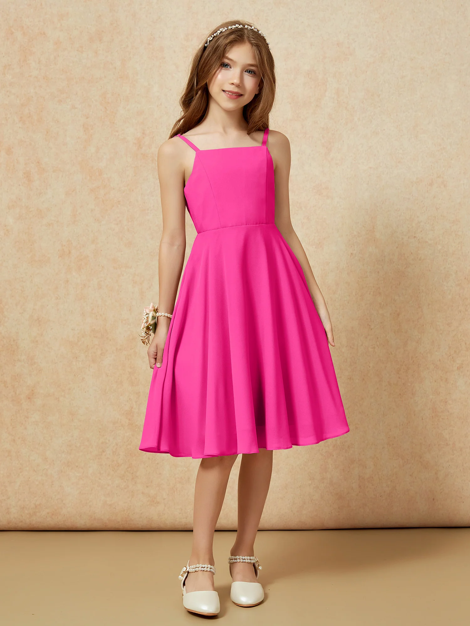 Square Neck Knee-length Junior Bridesmaid Dresses Fuchsia - Image 6