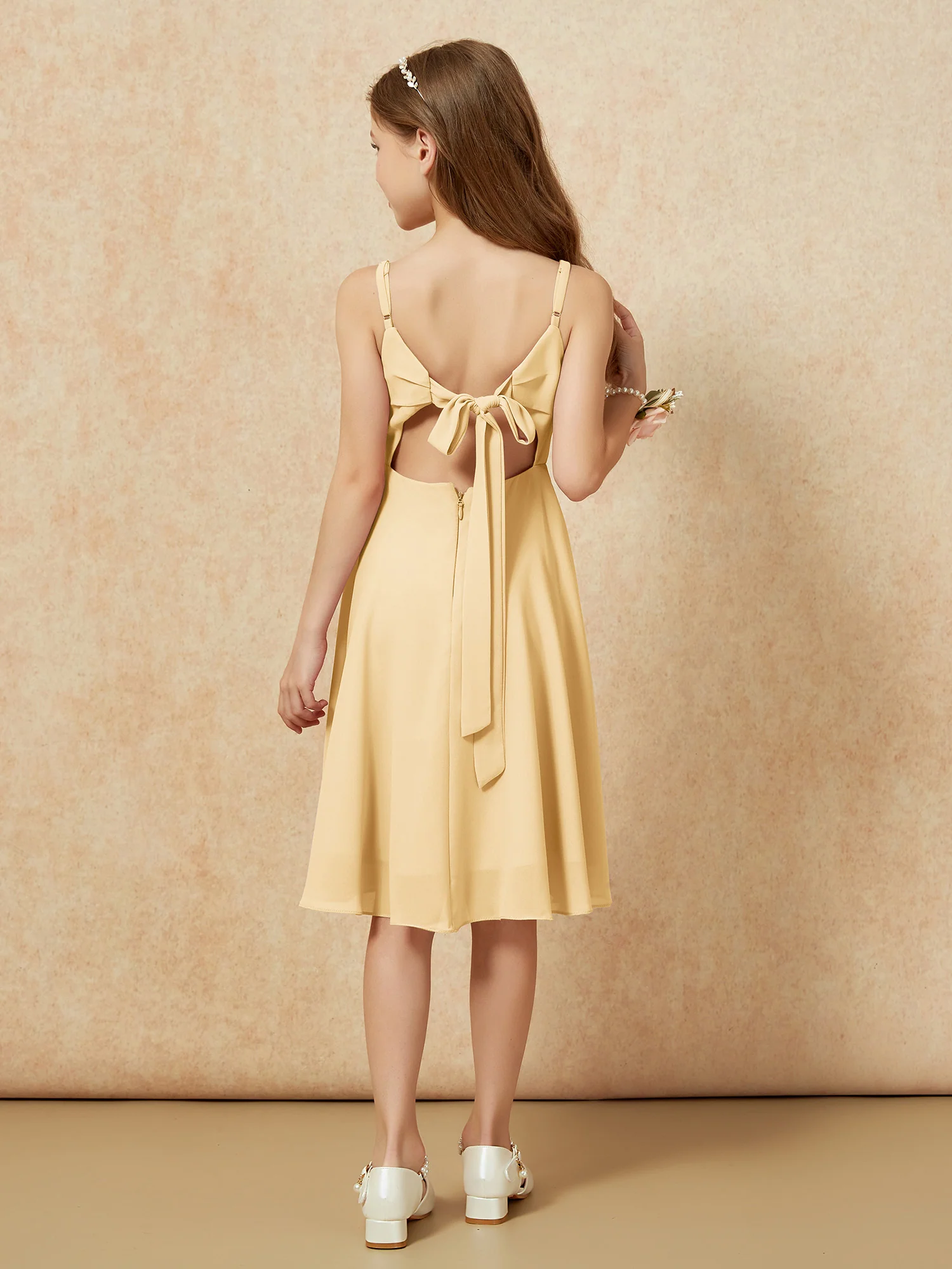 Square Neck Knee-length Junior Bridesmaid Dresses Gold - Image 2