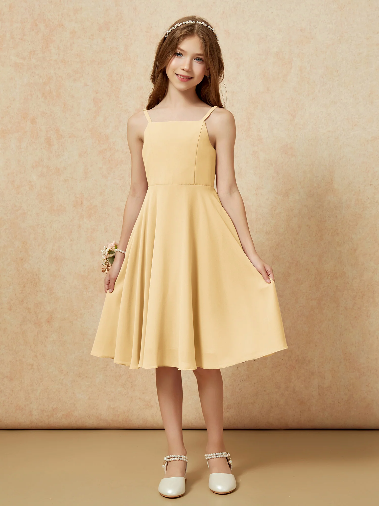 Square Neck Knee-length Junior Bridesmaid Dresses Gold - Image 3