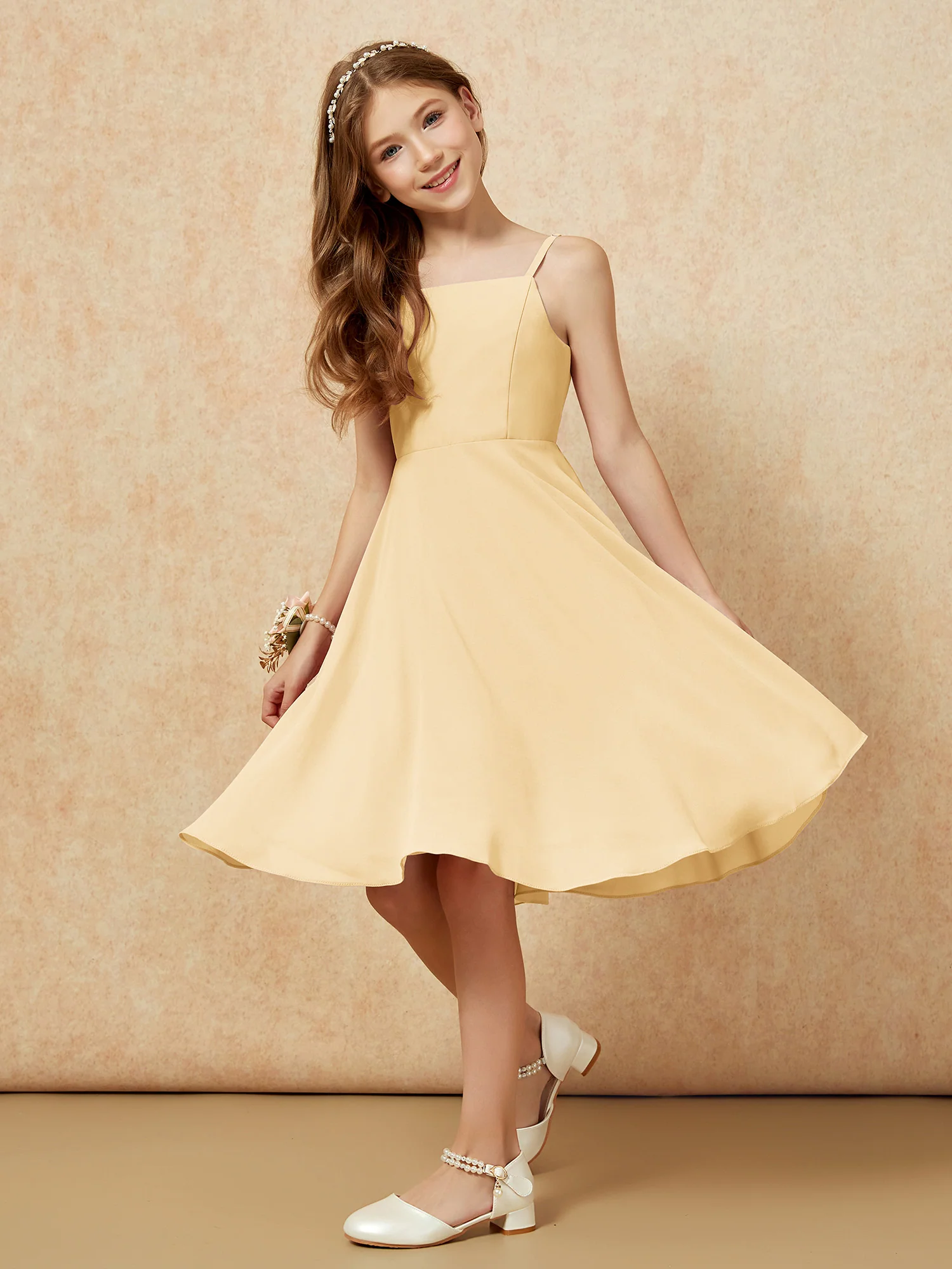 Square Neck Knee-length Junior Bridesmaid Dresses Gold - Image 5