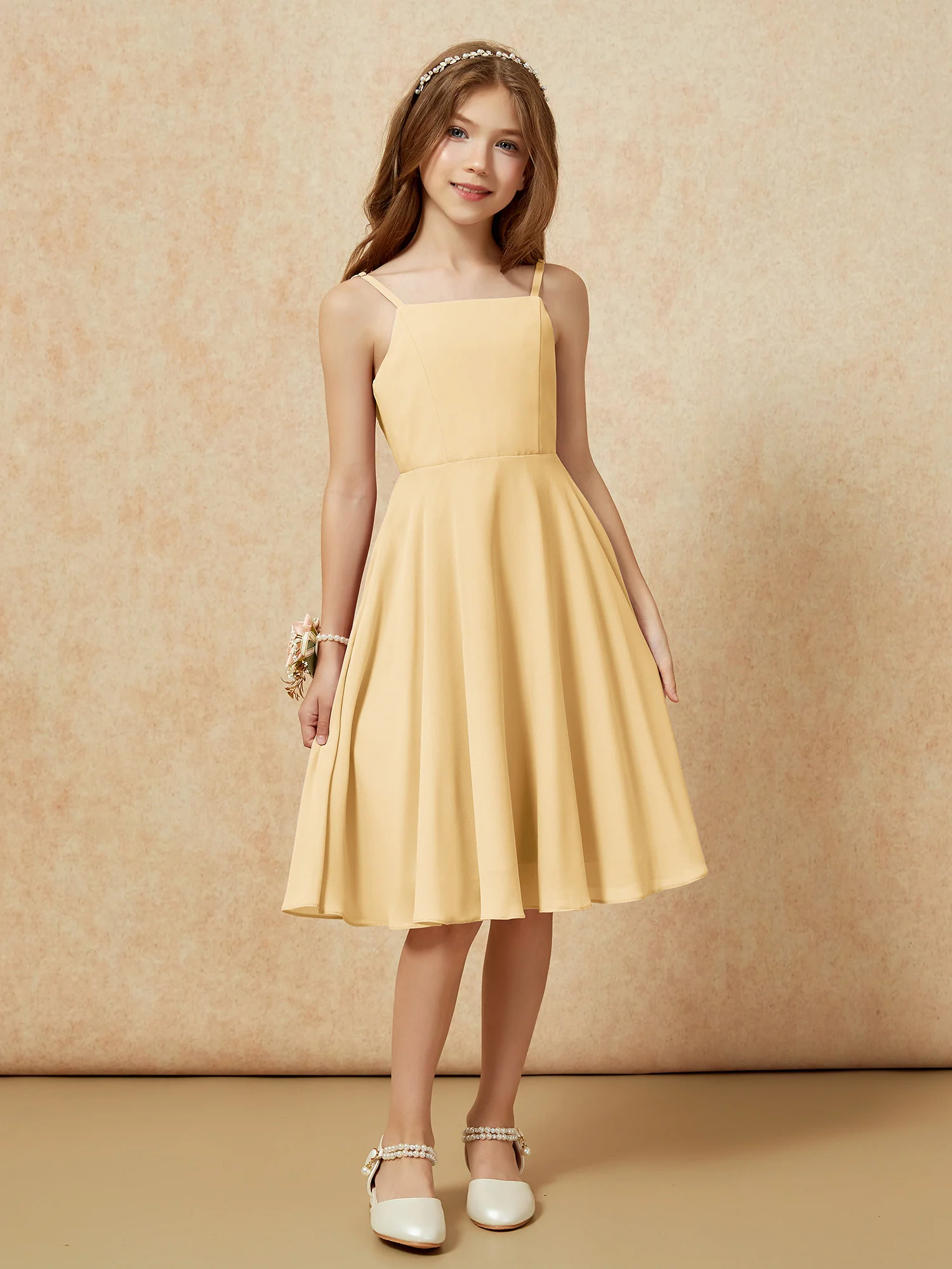 Square Neck Knee-length Junior Bridesmaid Dresses Gold - Image 6