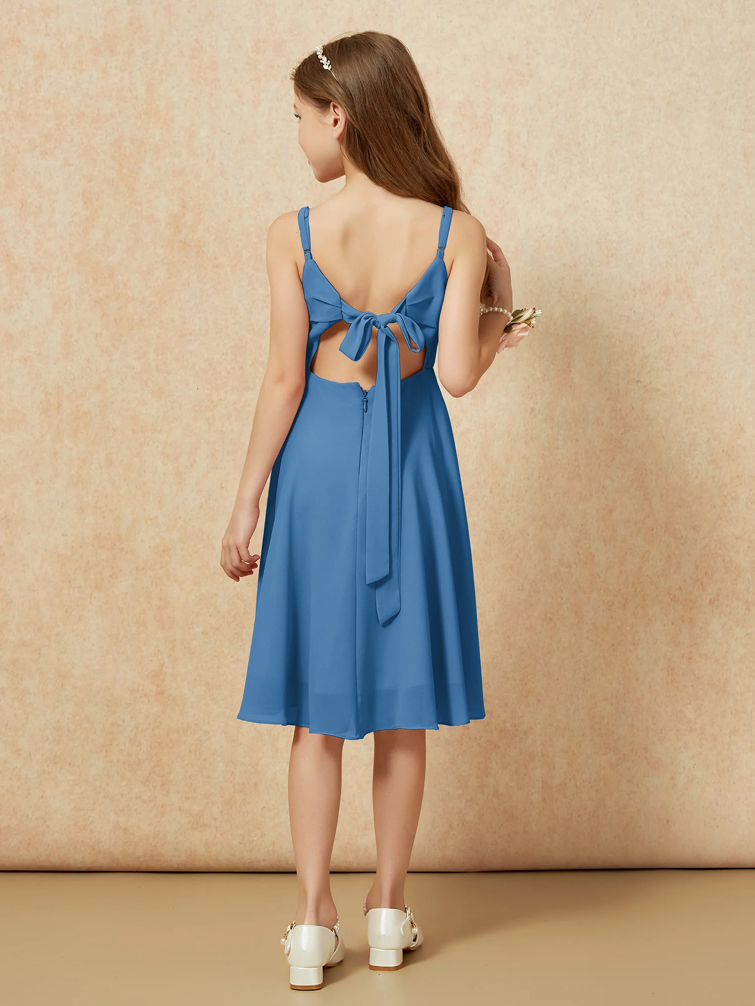 Square Neck Knee-length Junior Bridesmaid Dresses Ink Blue - Image 2