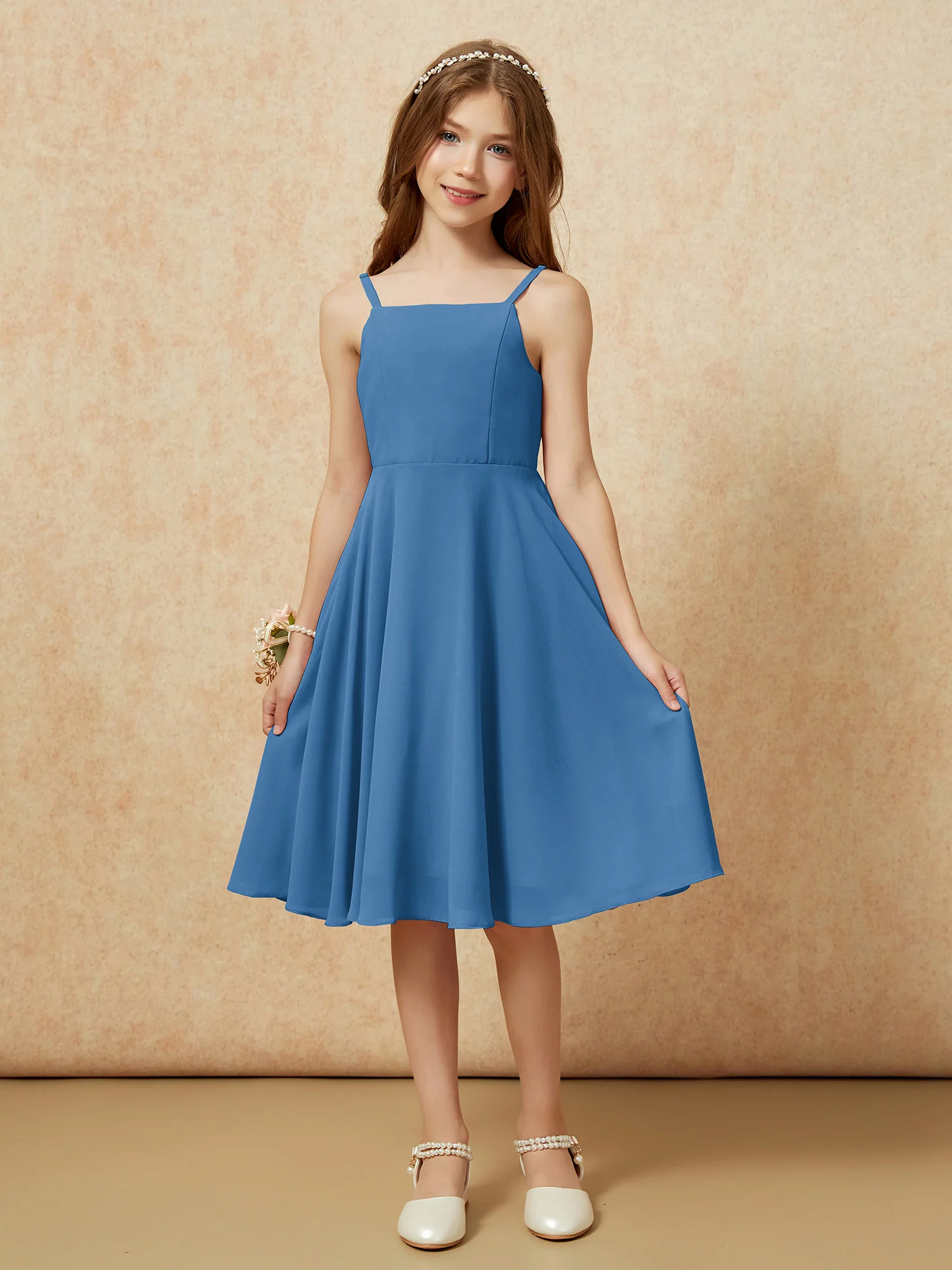 Square Neck Knee-length Junior Bridesmaid Dresses Ink Blue - Image 3